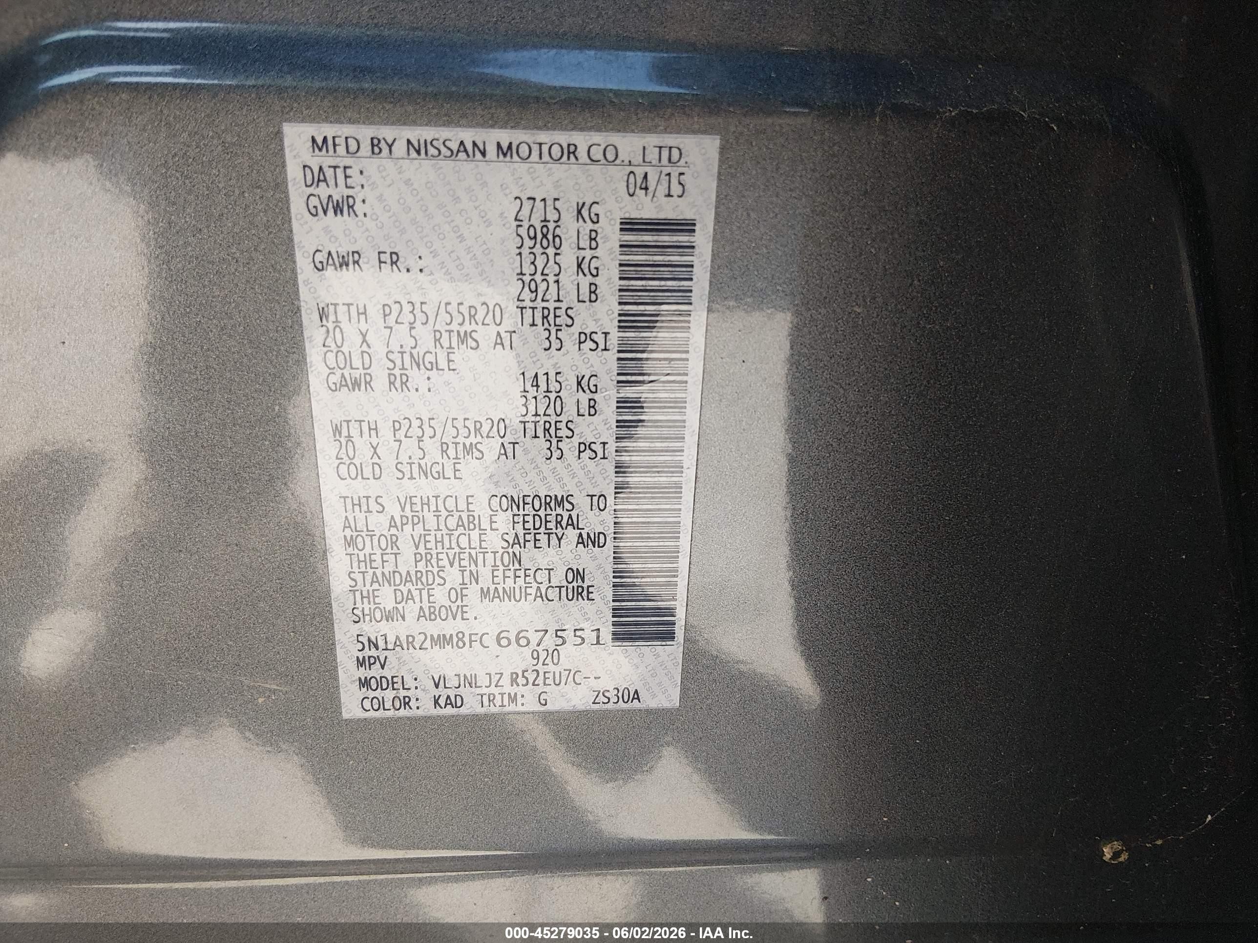 2015 Nissan Pathfinder Platinum Gray vin: 5N1AR2MM8FC667551