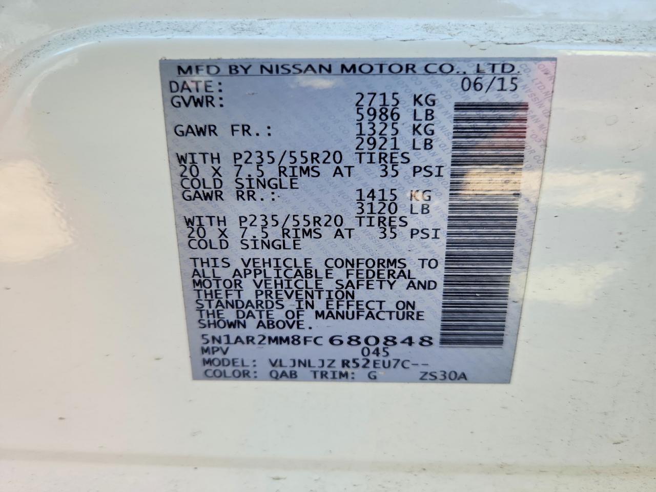 2015 Nissan Pathfinder S White vin: 5N1AR2MM8FC680848