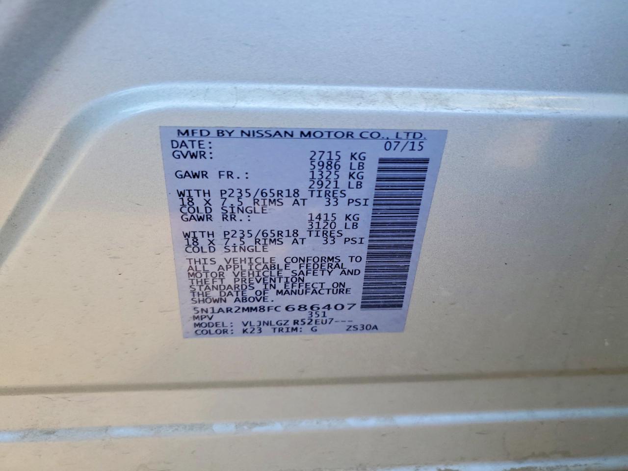 2015 Nissan Pathfinder Sl Silver vin: 5N1AR2MM8FC686407