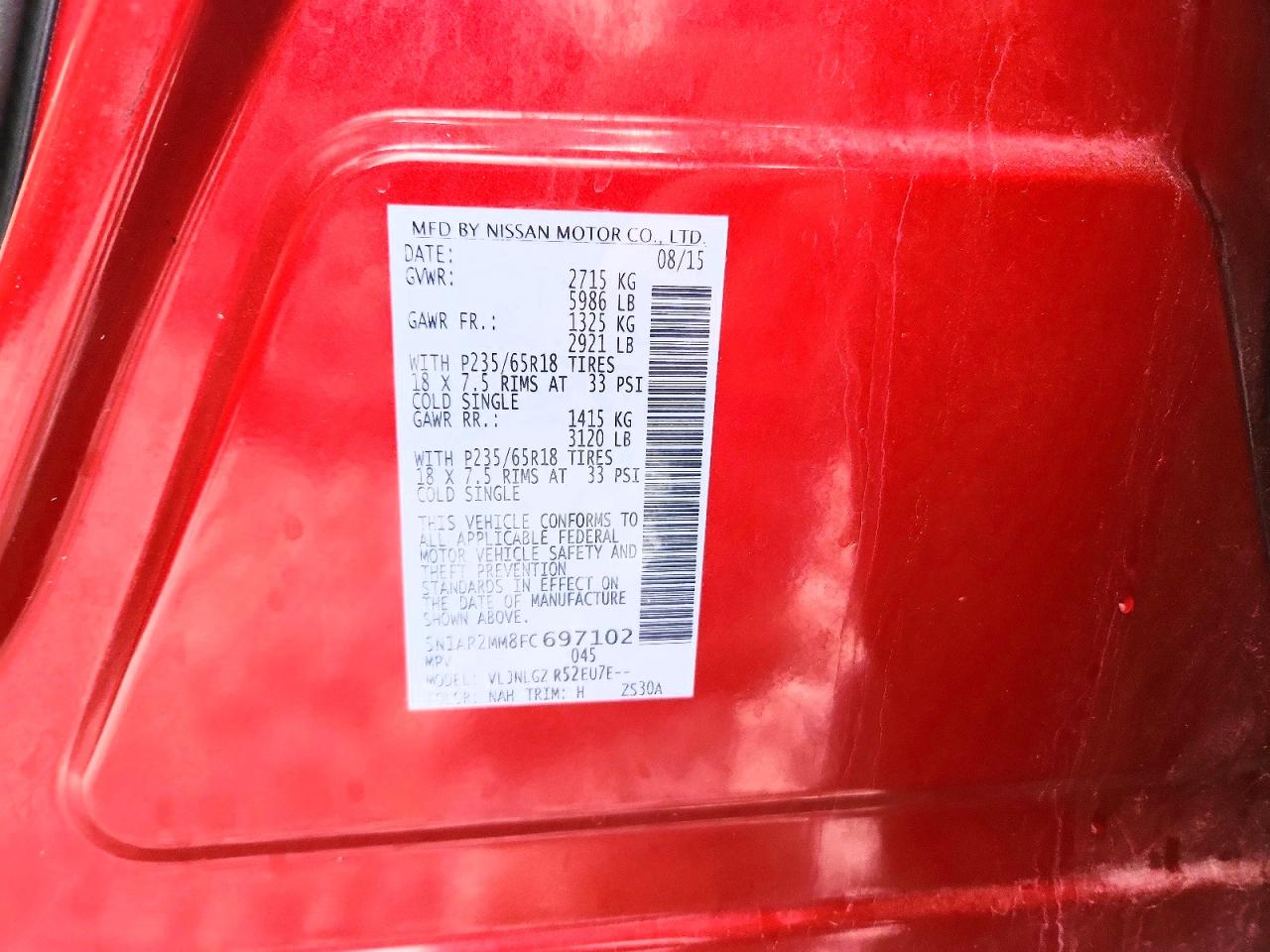 2015 Nissan Pathfinder Sl Red vin: 5N1AR2MM8FC697102