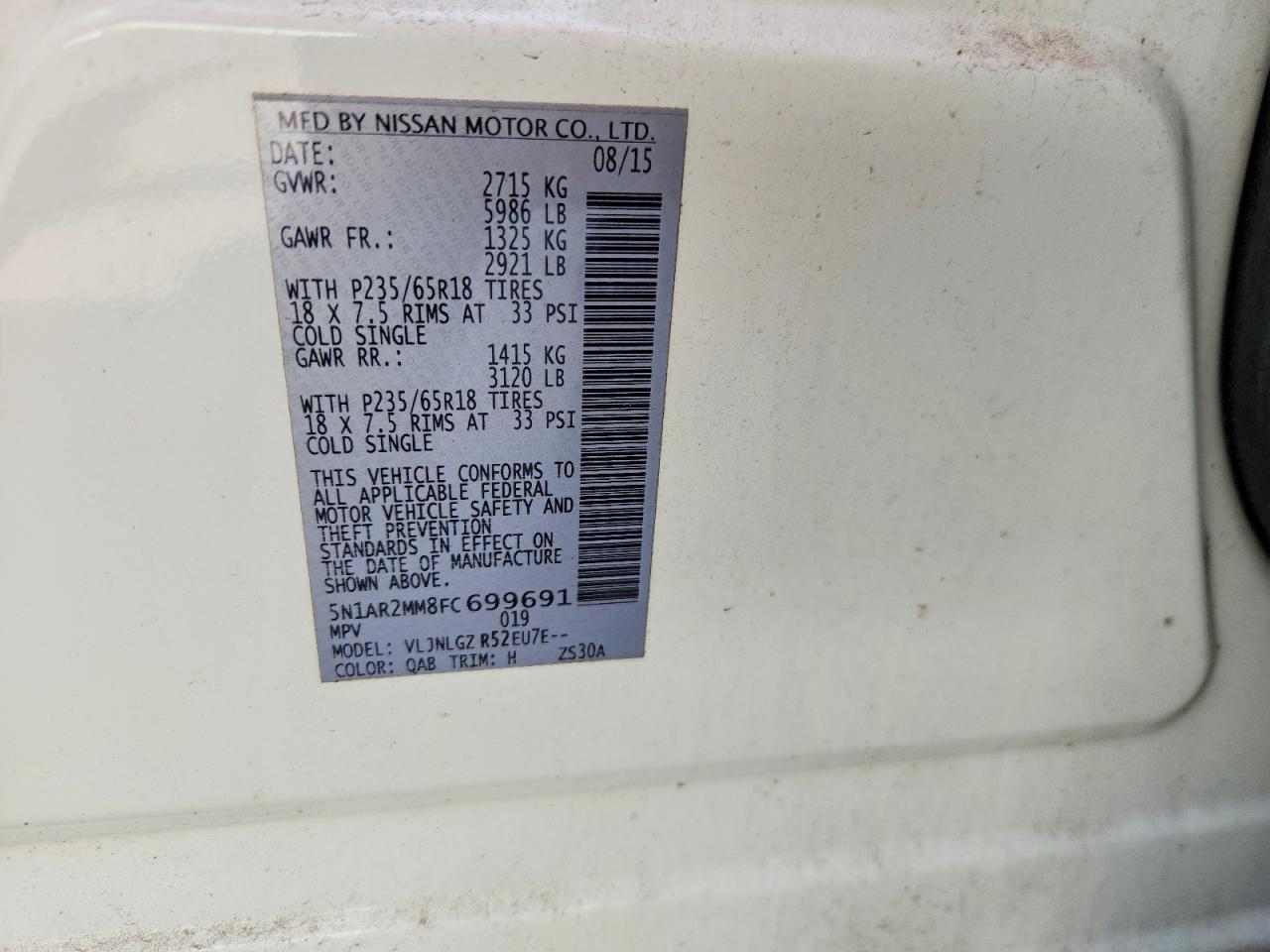 2015 Nissan Pathfinder Sl White vin: 5N1AR2MM8FC699691