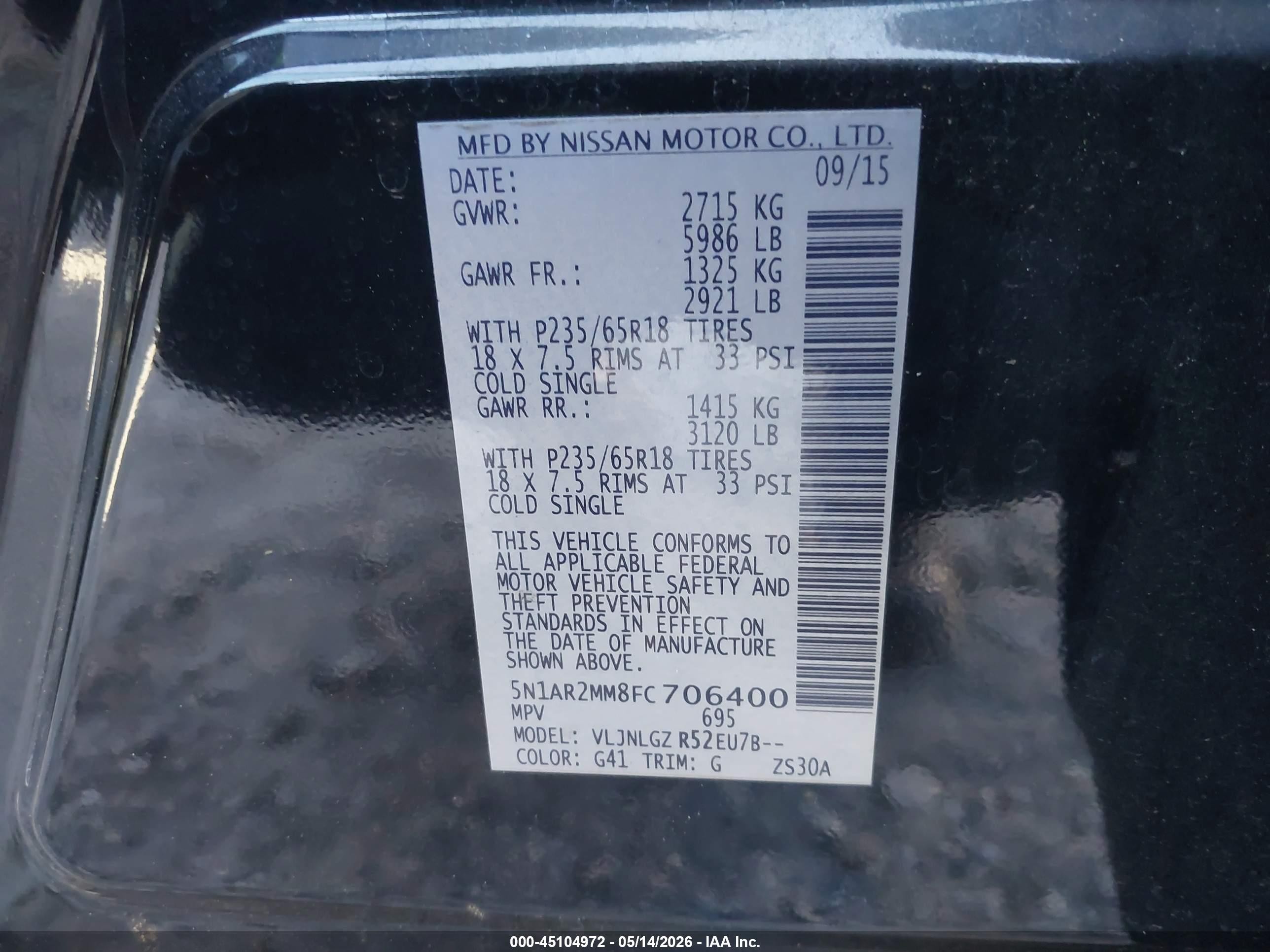 2015 Nissan Pathfinder Sl Black vin: 5N1AR2MM8FC706400