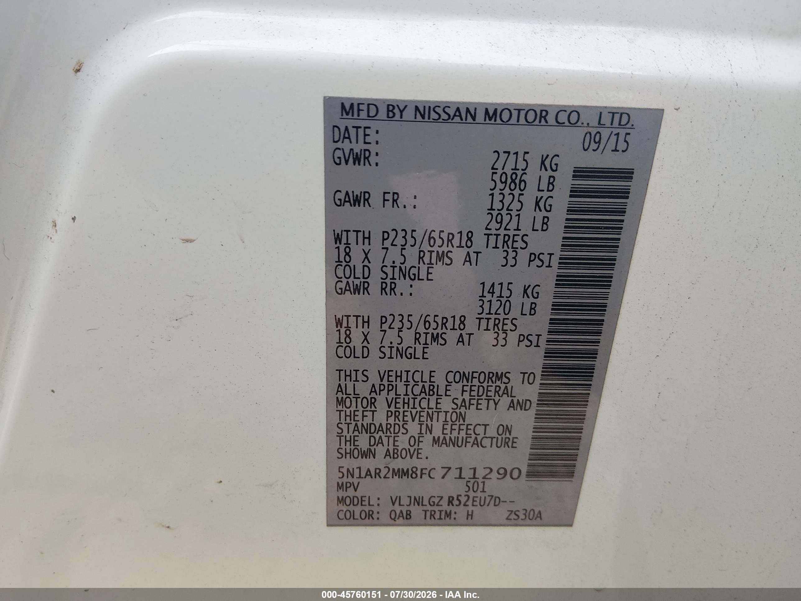 2015 Nissan Pathfinder Sl White vin: 5N1AR2MM8FC711290
