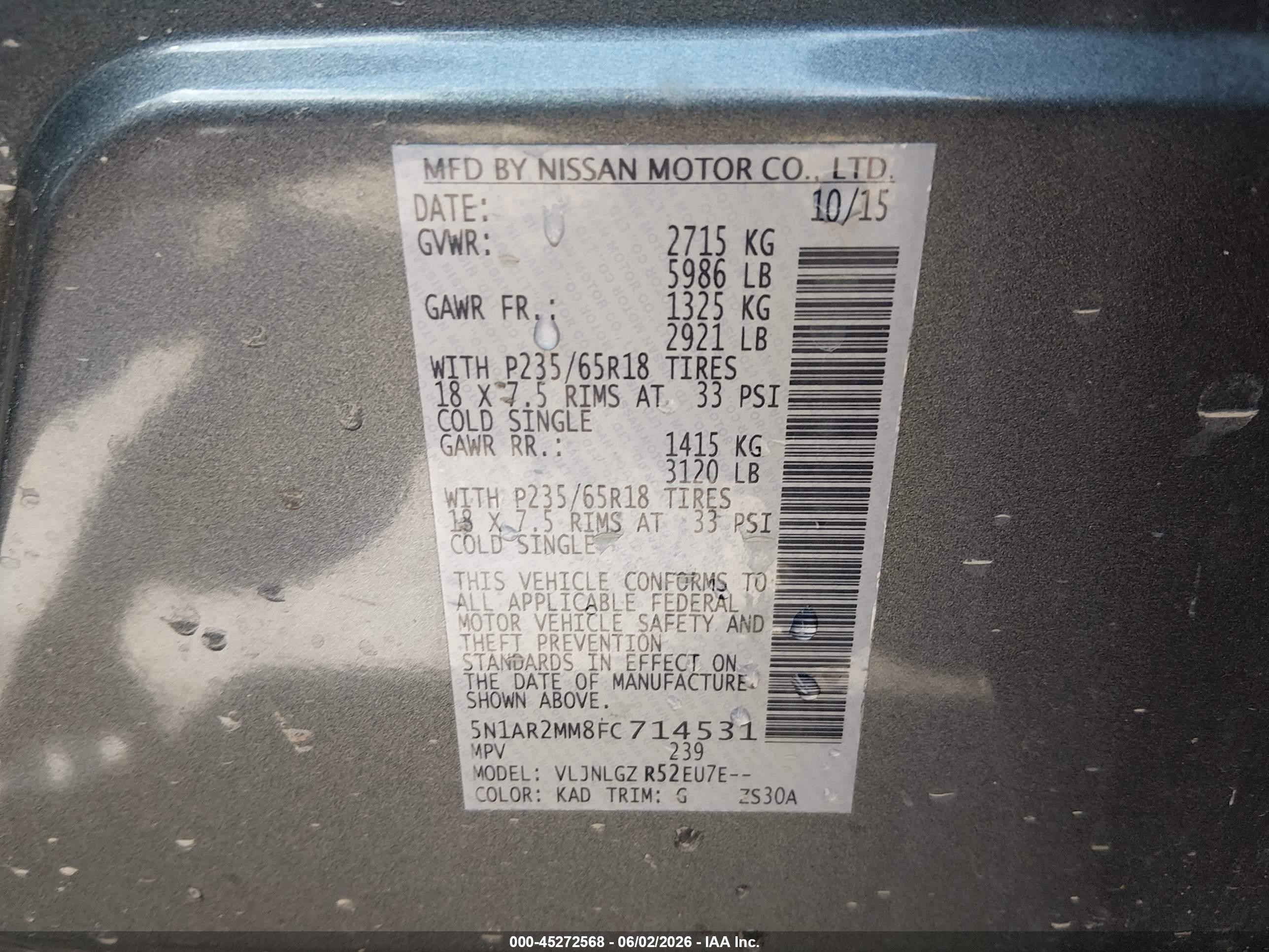 2015 Nissan Pathfinder Sl Gray vin: 5N1AR2MM8FC714531