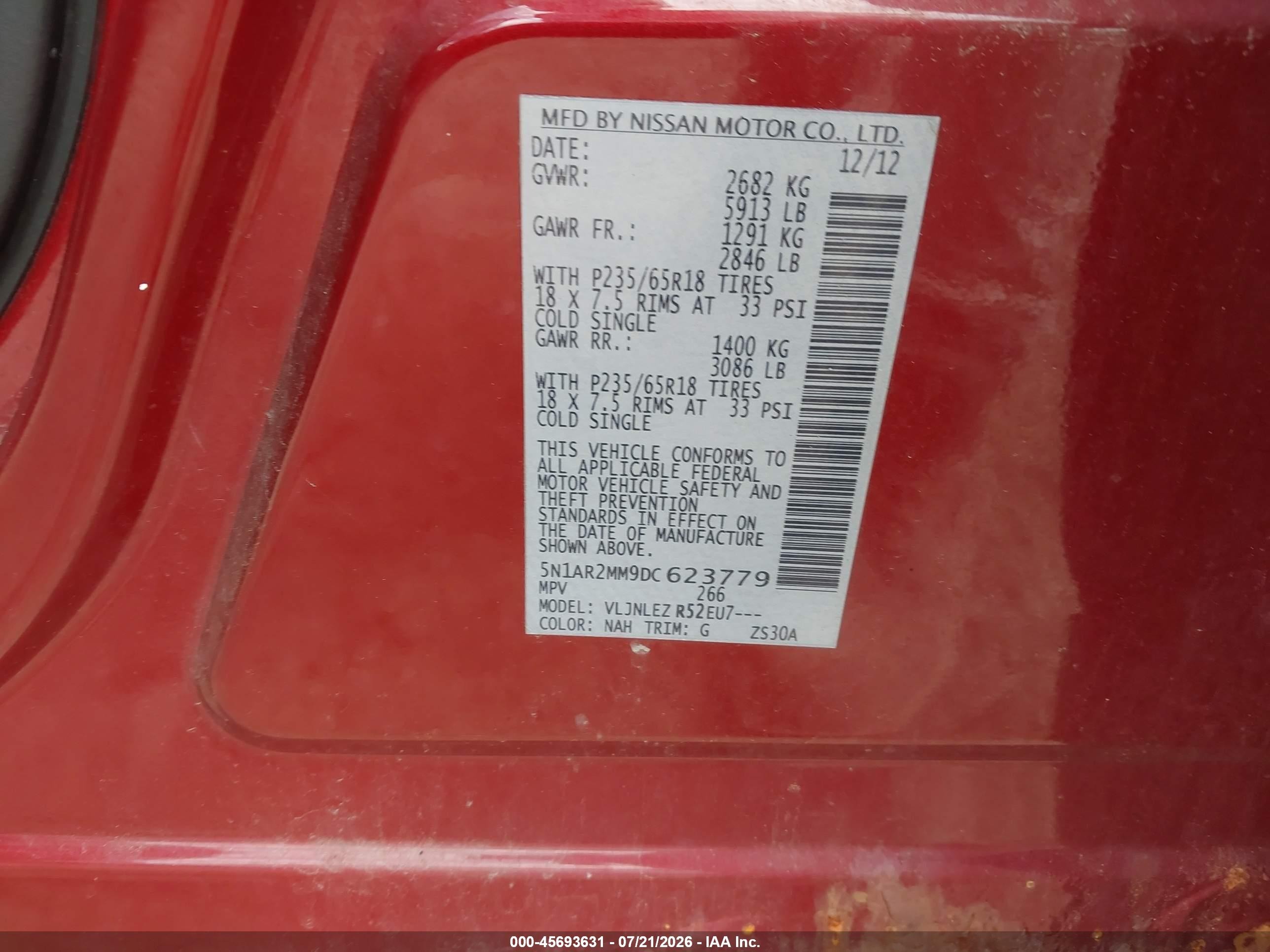 2013 Nissan Pathfinder Sv Red vin: 5N1AR2MM9DC623779