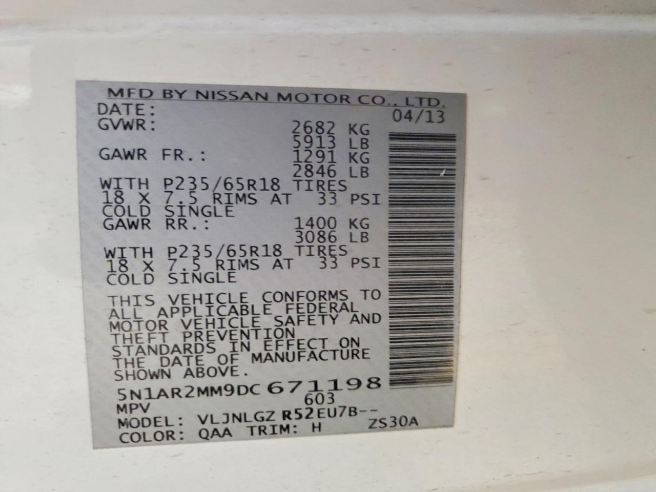 2013 Nissan Pathfinder S White vin: 5N1AR2MM9DC671198