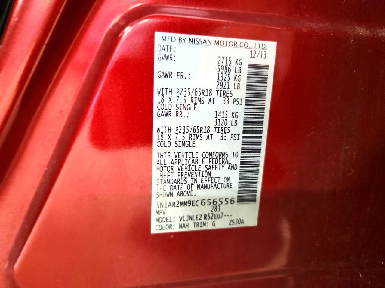 2014 Nissan Pathfinder Sv Red vin: 5N1AR2MM9EC656556