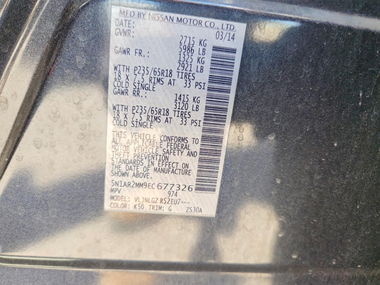 2014 Nissan Pathfinder Sl Charcoal vin: 5N1AR2MM9EC677326