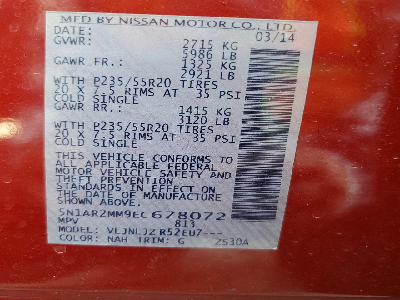 2014 Nissan Pathfinder Platinum Red vin: 5N1AR2MM9EC678072