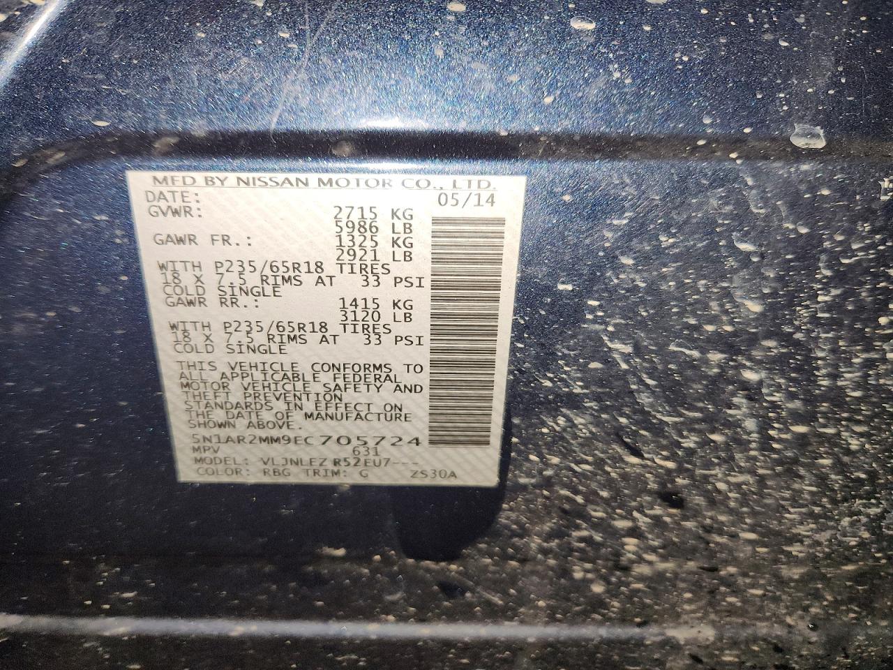 2014 Nissan Pathfinder Sv Blue vin: 5N1AR2MM9EC705724