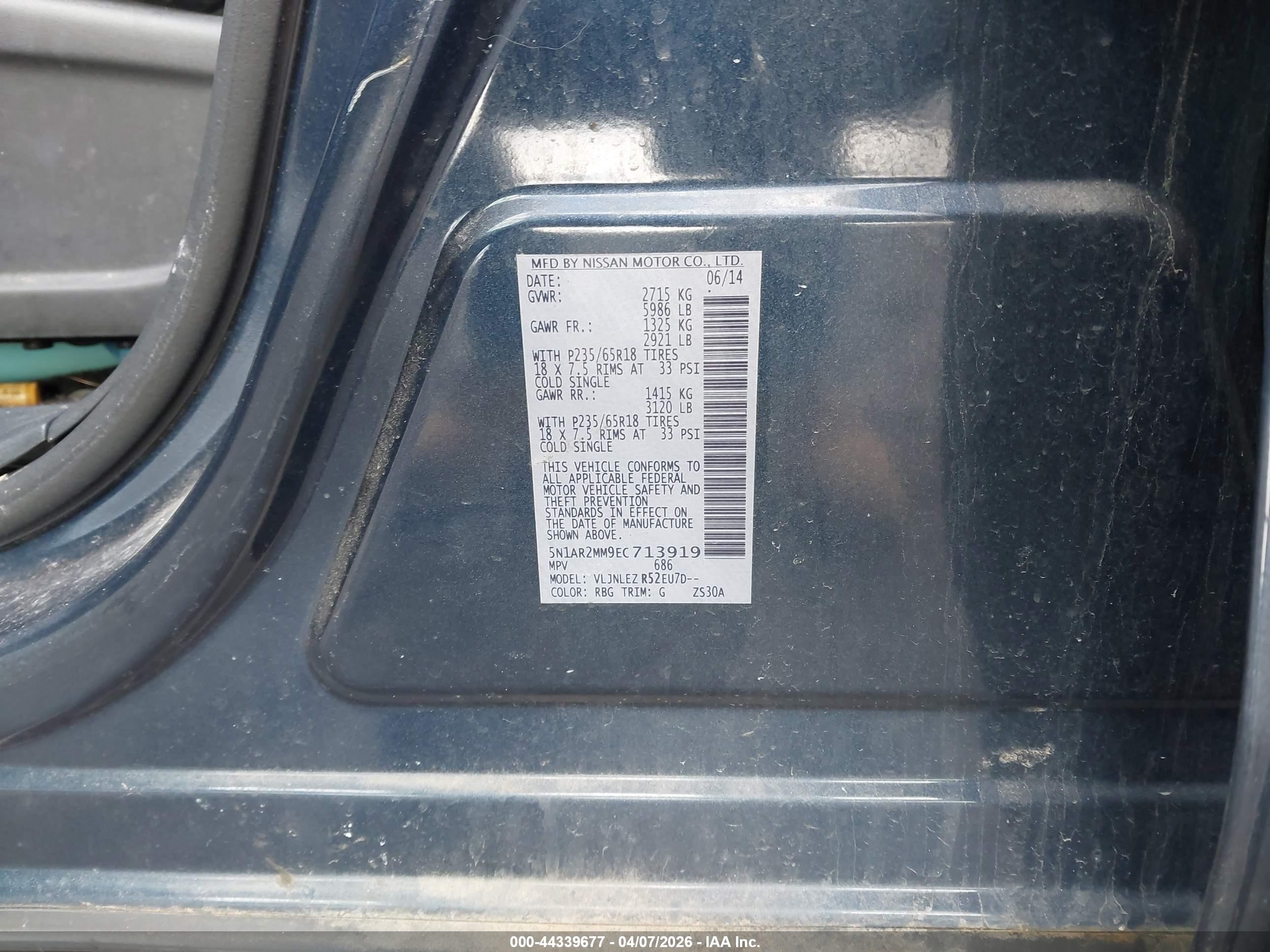 2014 Nissan Pathfinder Sv Blue vin: 5N1AR2MM9EC713919