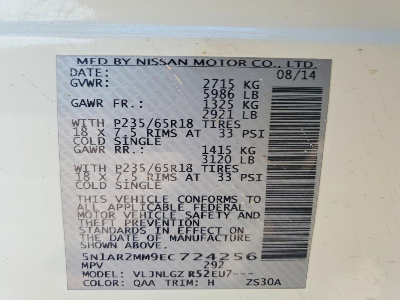 2014 Nissan Pathfinder Sl White vin: 5N1AR2MM9EC724256