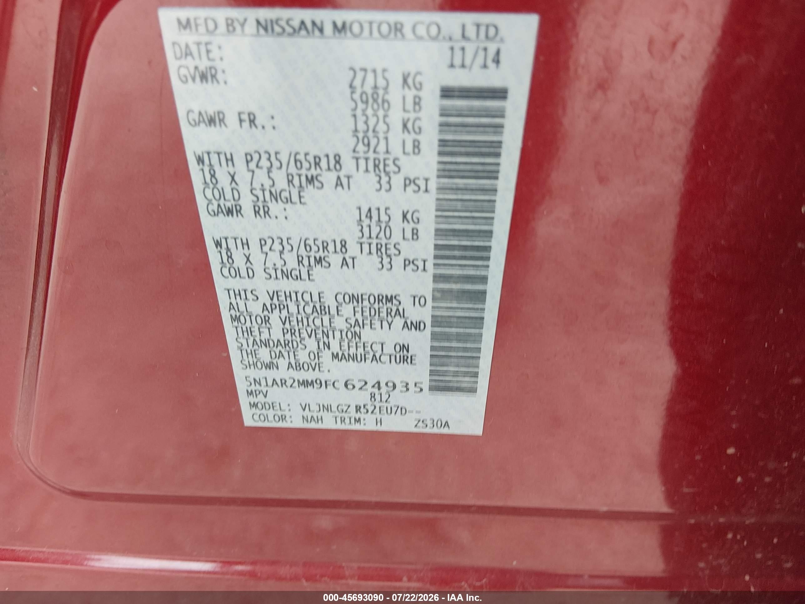 2015 Nissan Pathfinder Sl Red vin: 5N1AR2MM9FC624935