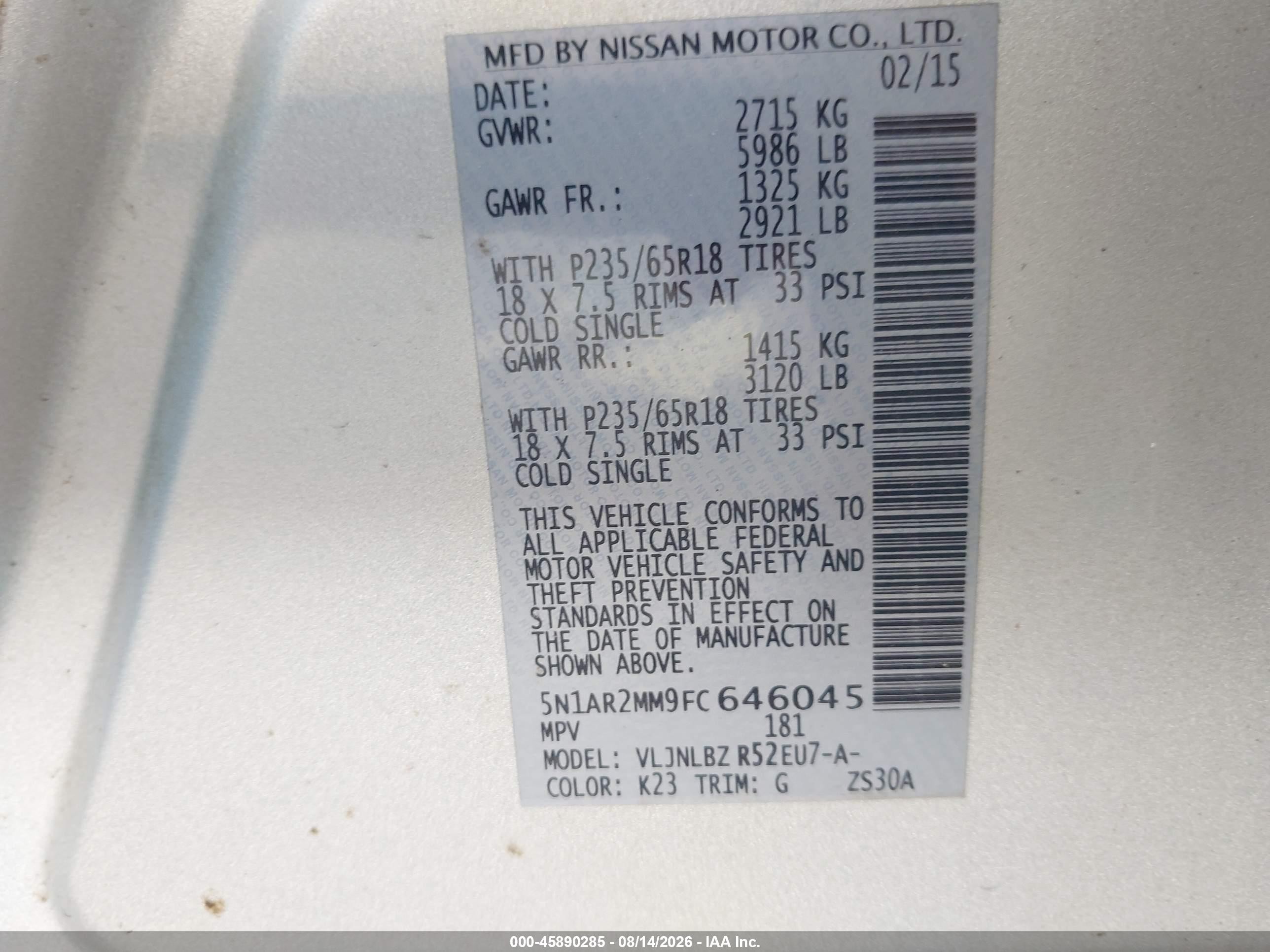 2015 Nissan Pathfinder S Silver vin: 5N1AR2MM9FC646045
