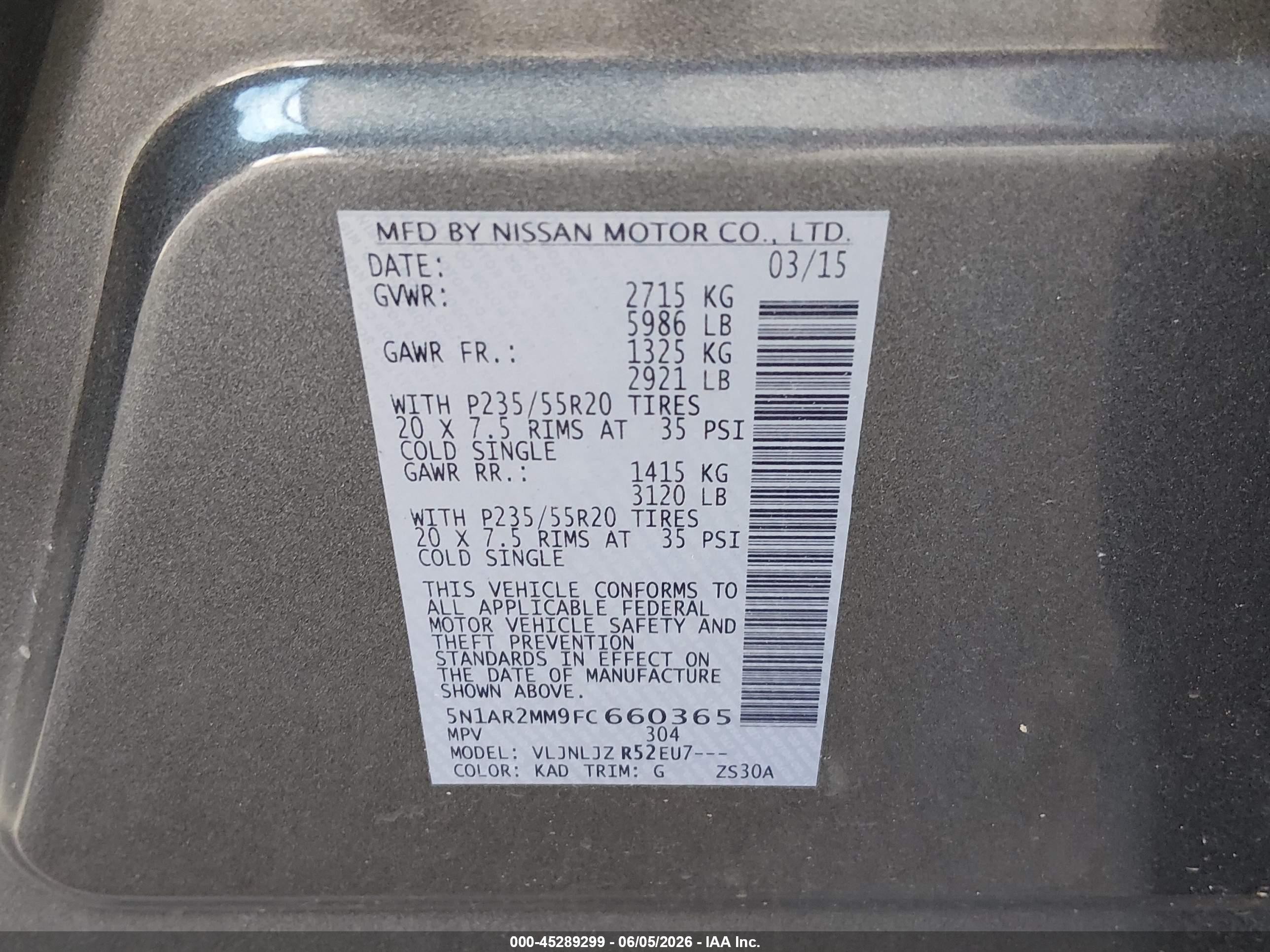 2015 Nissan Pathfinder Platinum/s/sl/sv Gray vin: 5N1AR2MM9FC660365