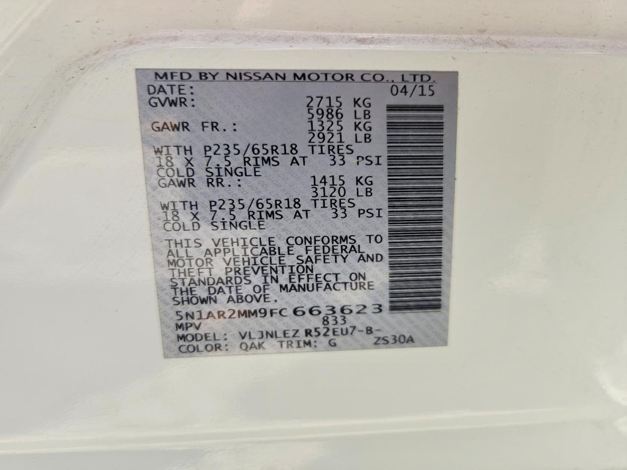 2015 Nissan Pathfinder S/sv/sl/platinum White vin: 5N1AR2MM9FC663623