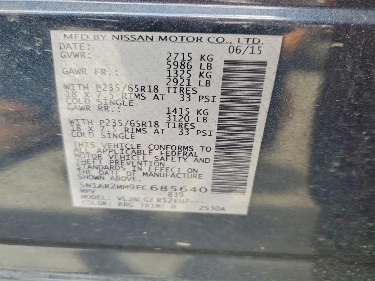 2015 Nissan Pathfinder Sl Blue vin: 5N1AR2MM9FC685640