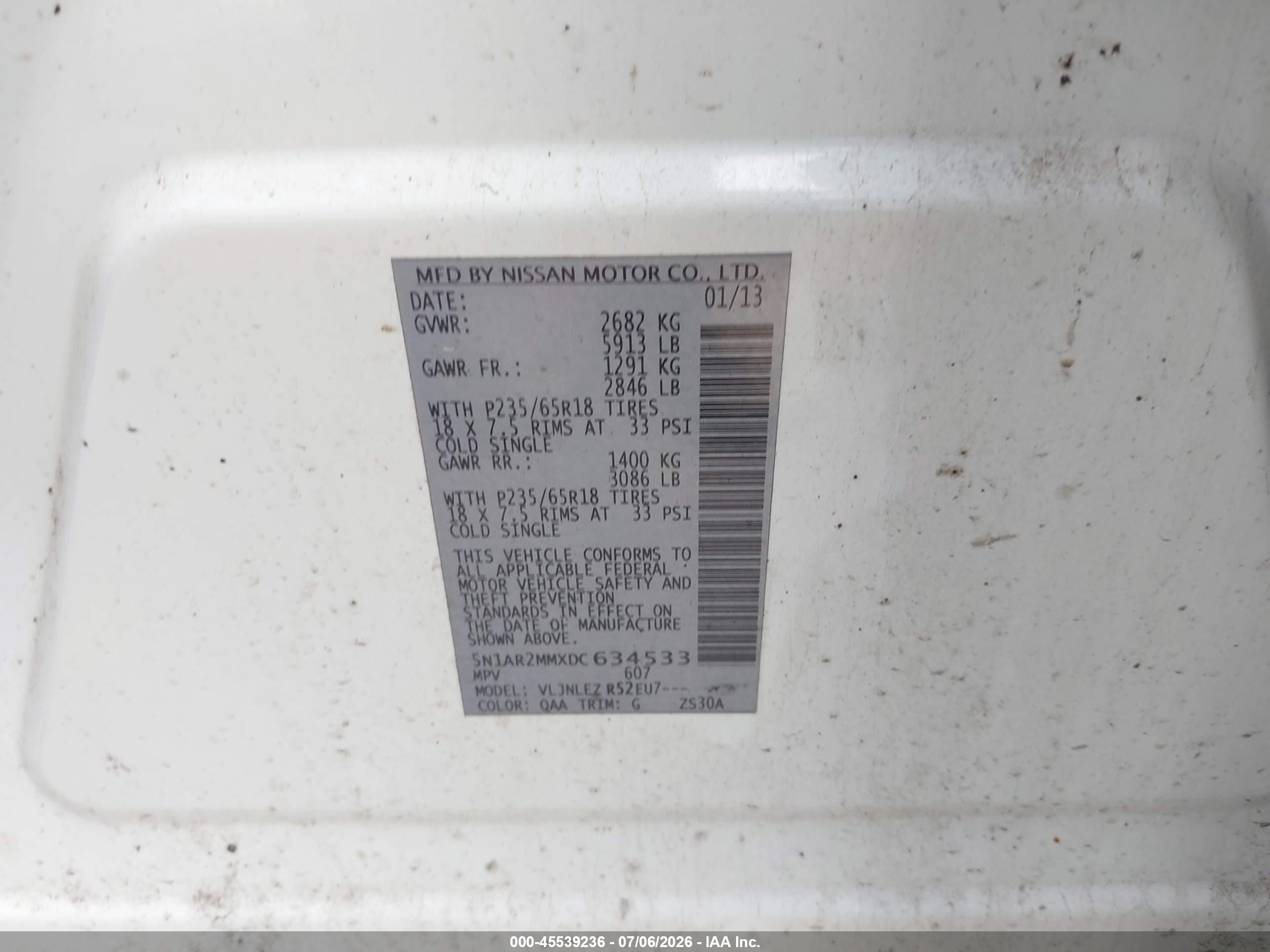 2013 Nissan Pathfinder Sv White vin: 5N1AR2MMXDC634533