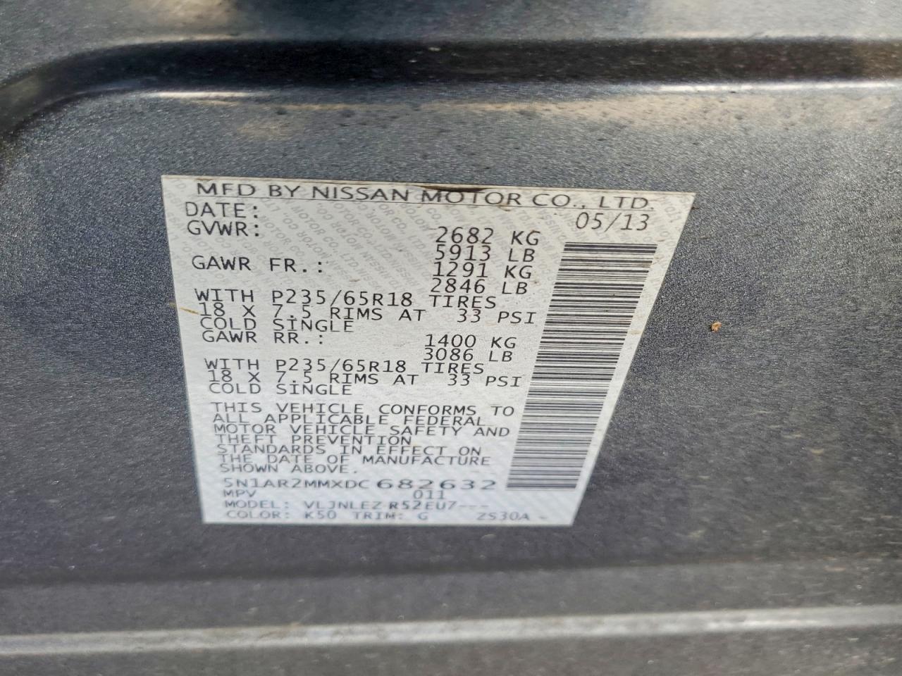 2013 Nissan Pathfinder S Charcoal vin: 5N1AR2MMXDC682632