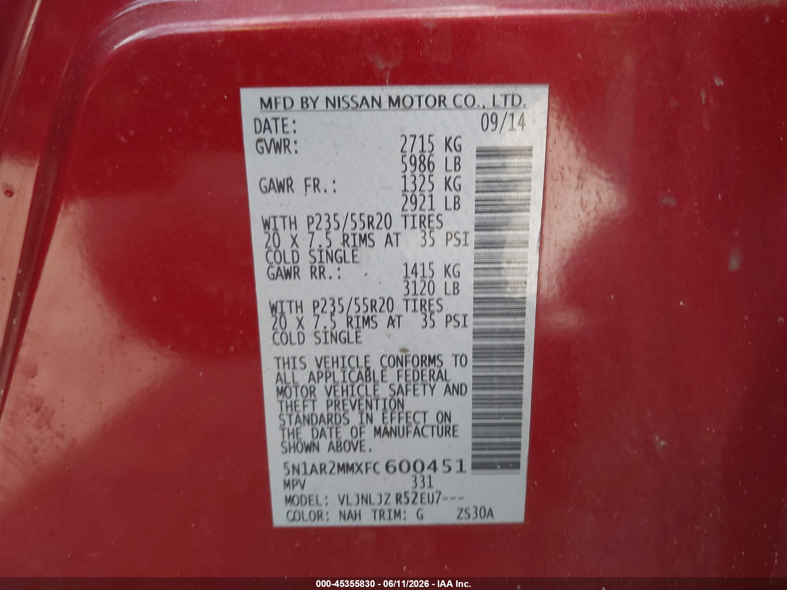 2015 Nissan Pathfinder Platinum Red vin: 5N1AR2MMXFC600451