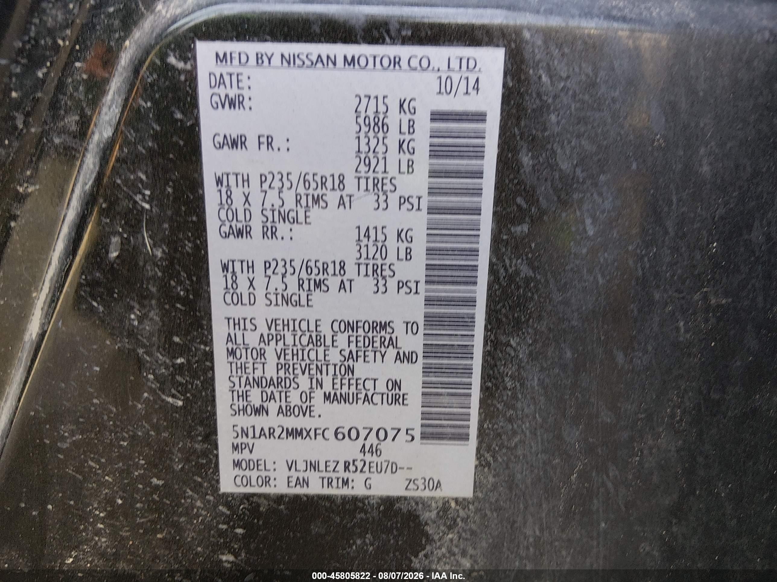 2015 Nissan Pathfinder Sv Gray vin: 5N1AR2MMXFC607075