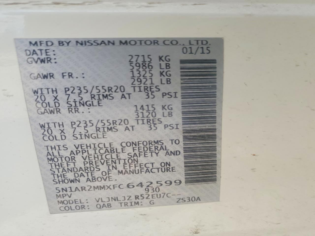 2015 Nissan Pathfinder S Белый vin: 5N1AR2MMXFC642599