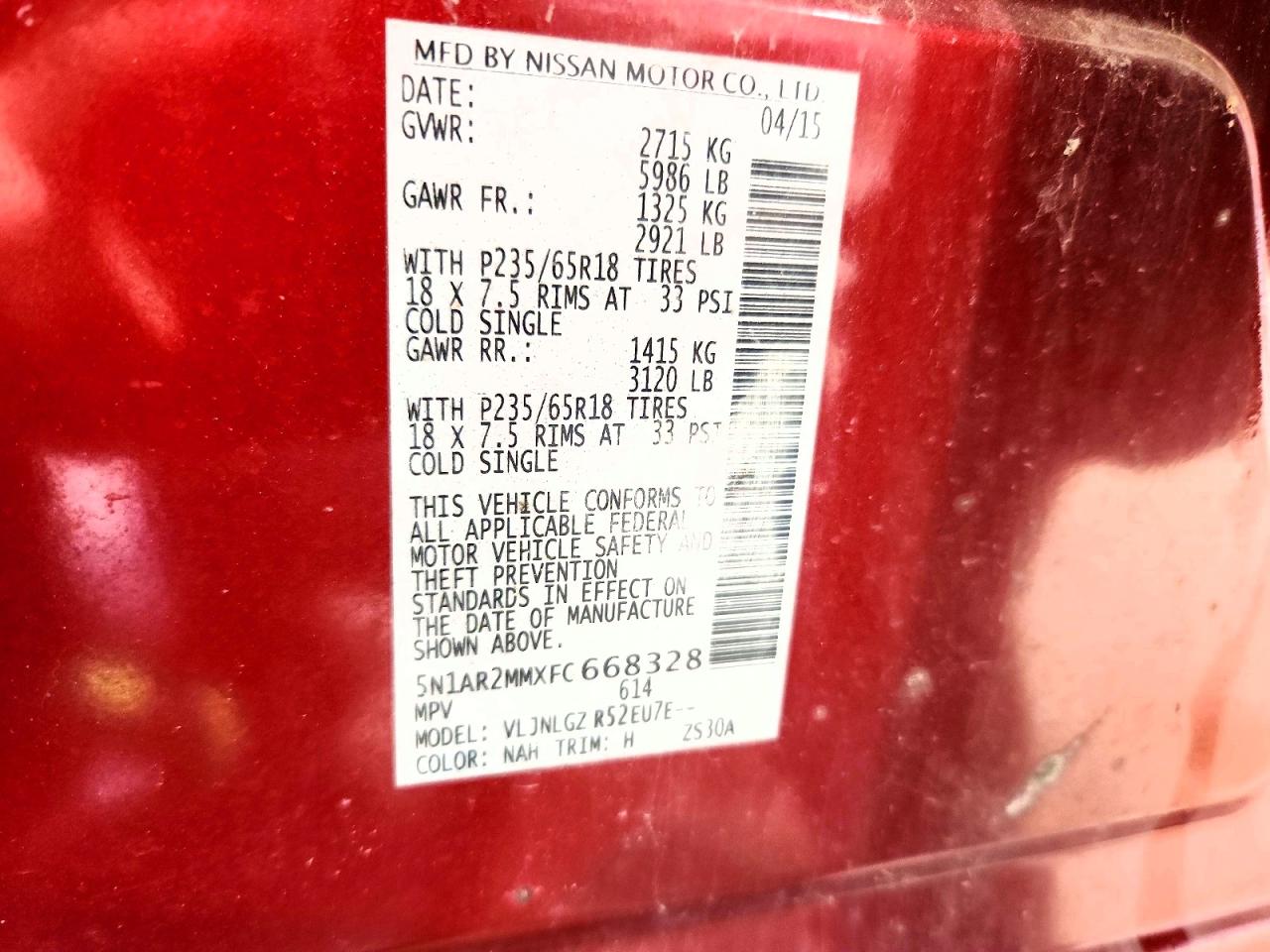 2015 Nissan Pathfinder Sl Red vin: 5N1AR2MMXFC668328