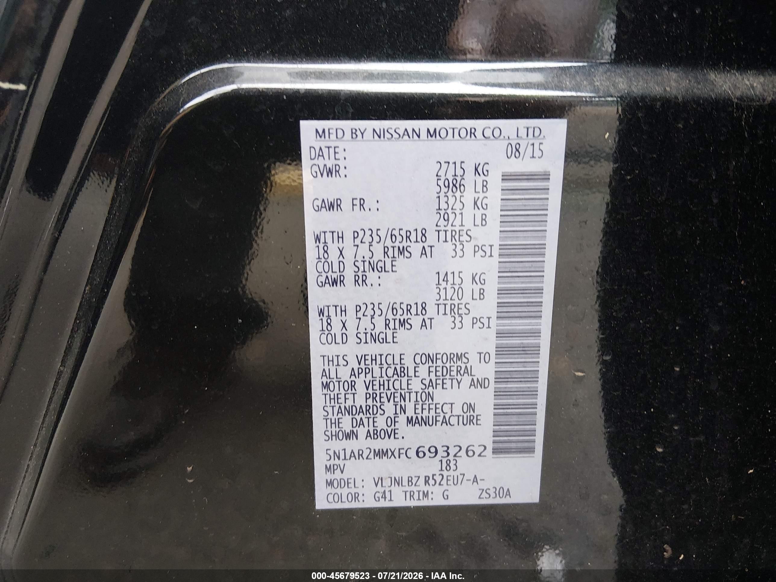 2015 Nissan Pathfinder S Black vin: 5N1AR2MMXFC693262