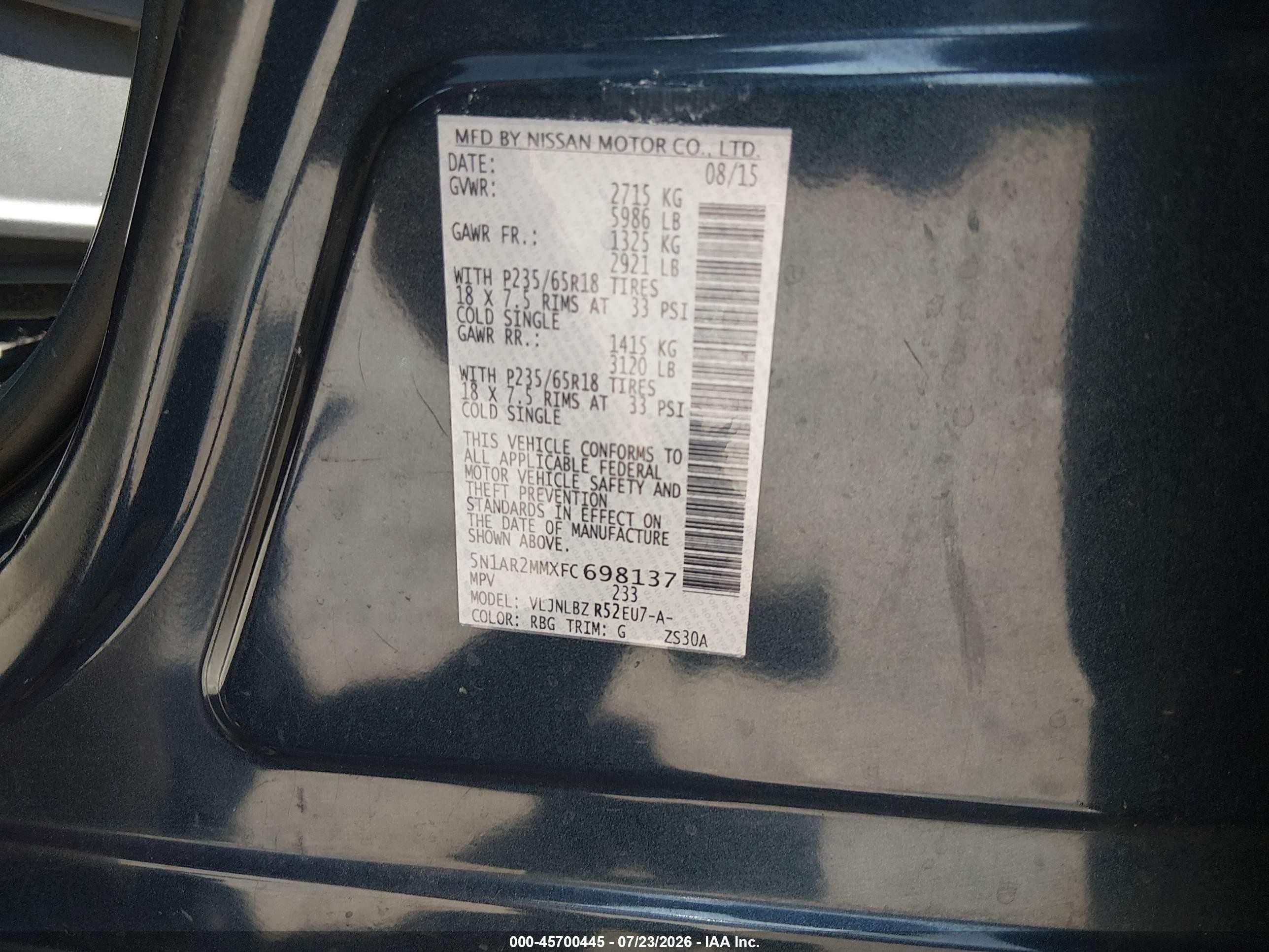 2015 Nissan Pathfinder S Blue vin: 5N1AR2MMXFC698137