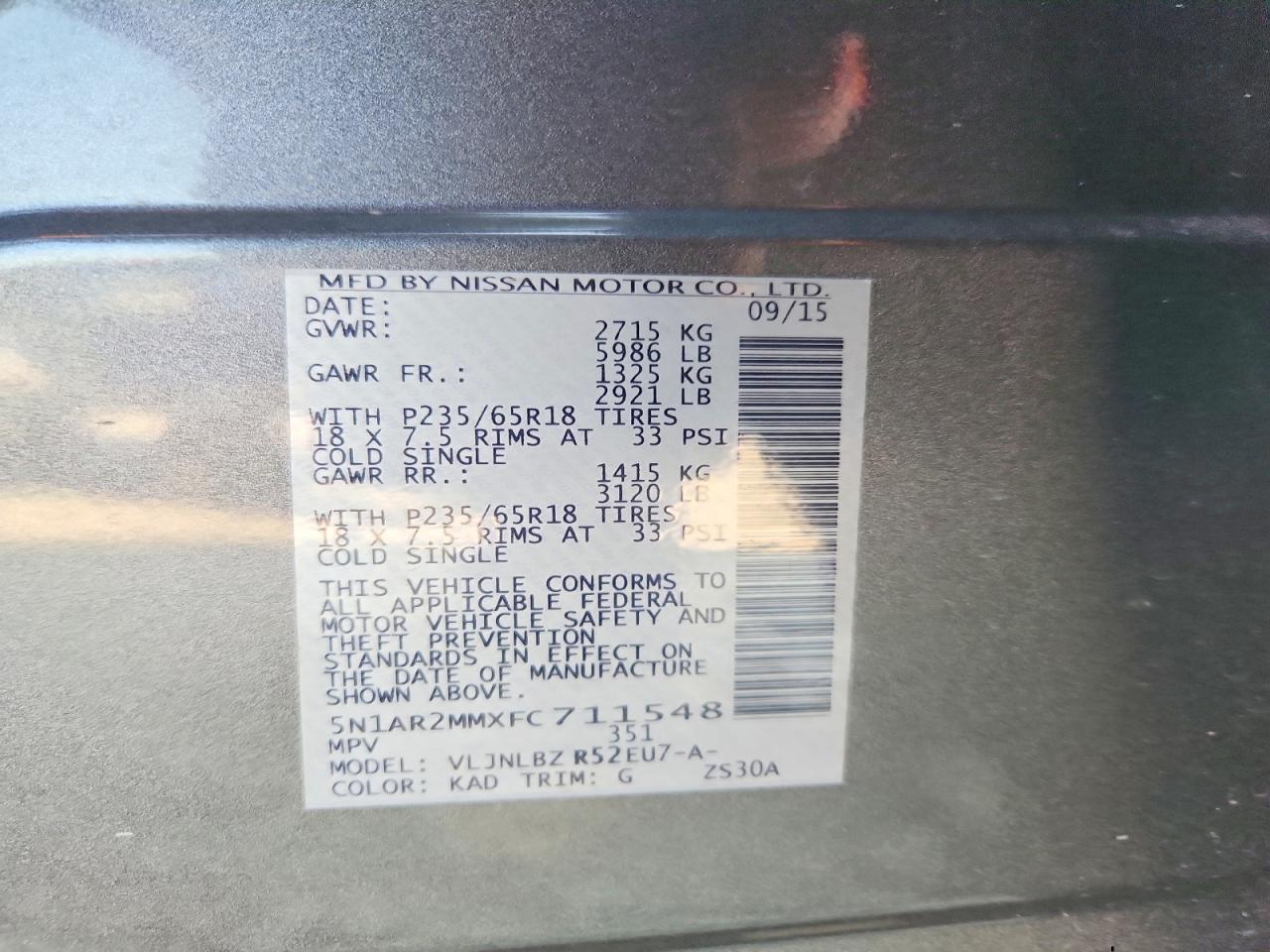 2015 Nissan Pathfinder S Gray vin: 5N1AR2MMXFC711548