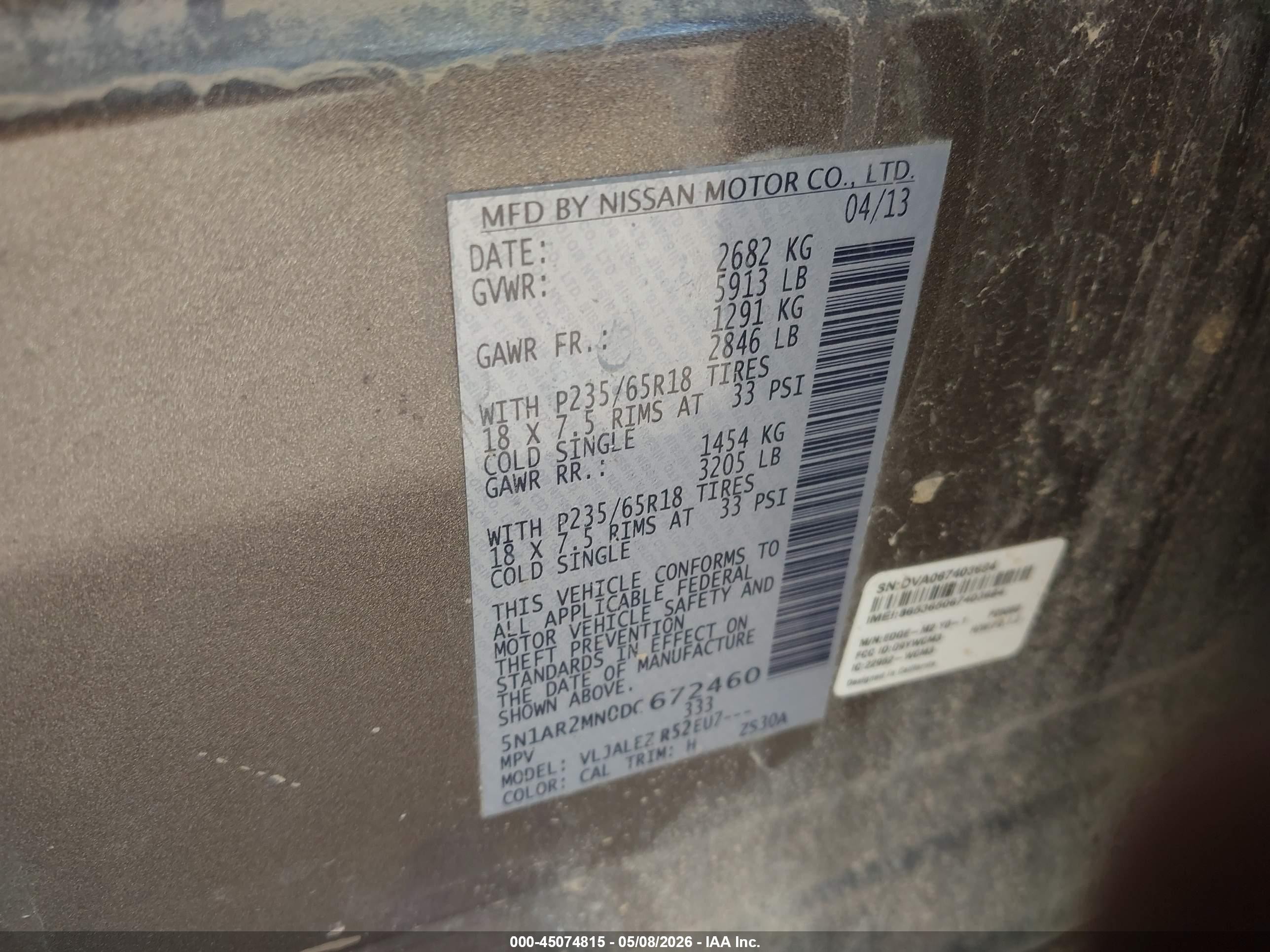 2013 Nissan Pathfinder Sv Gray vin: 5N1AR2MN0DC672460