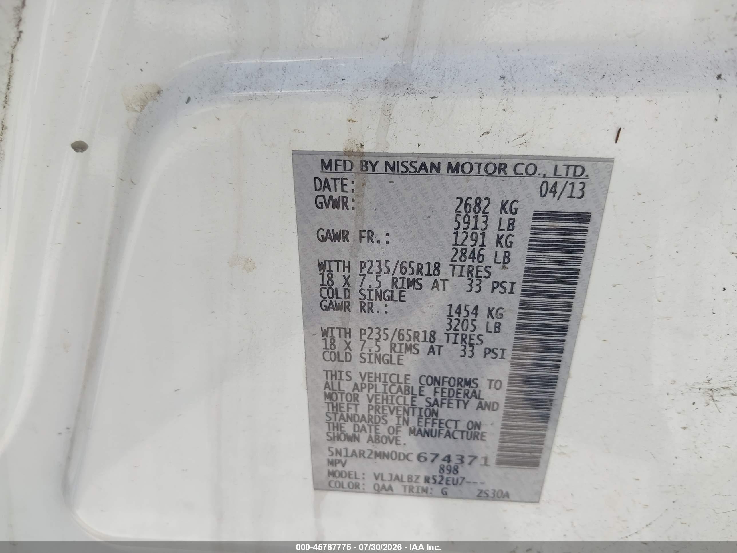 2013 Nissan Pathfinder S White vin: 5N1AR2MN0DC674371