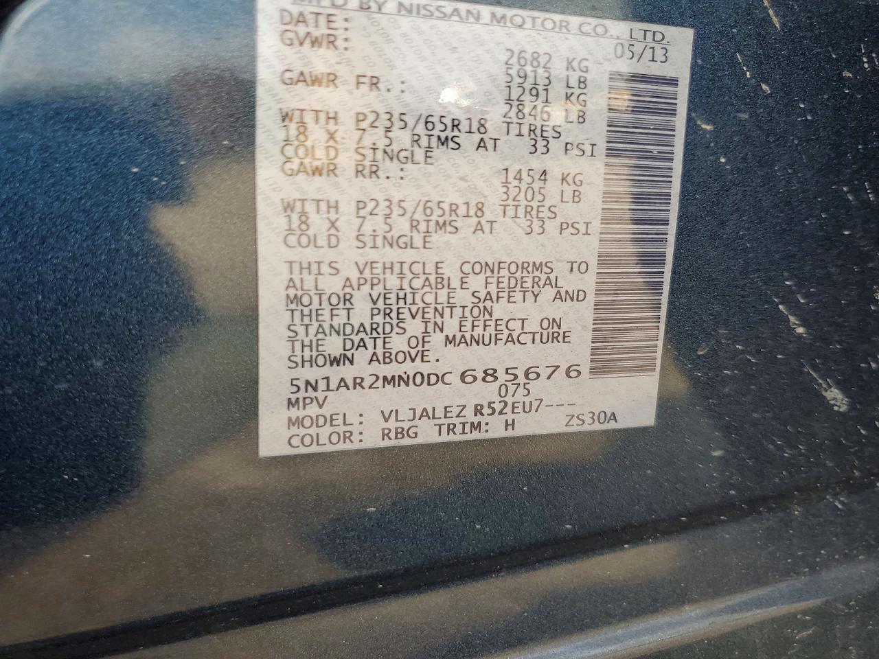 2013 Nissan Pathfinder S Blue vin: 5N1AR2MN0DC685676