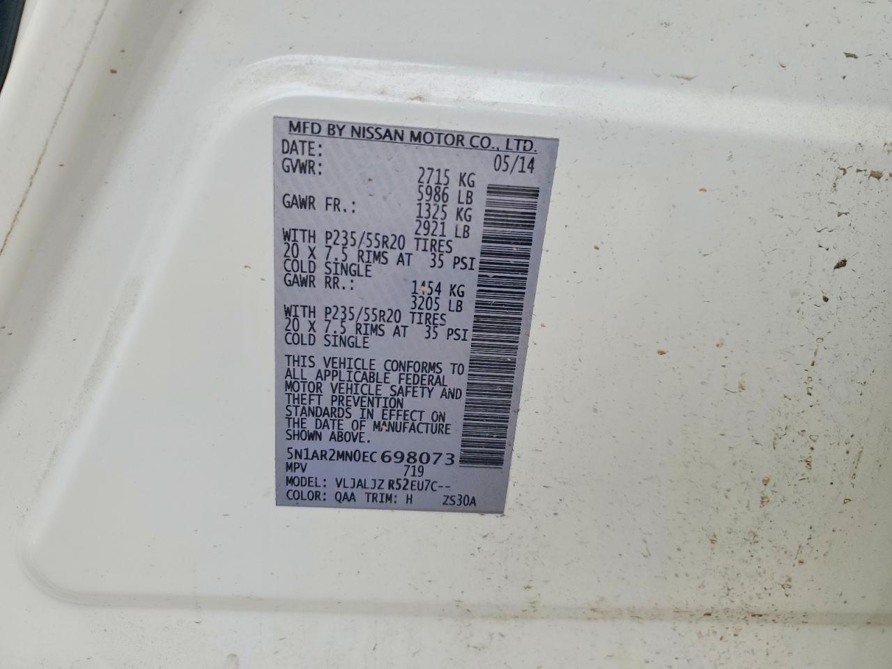 2014 Nissan Pathfinder S White vin: 5N1AR2MN0EC698073