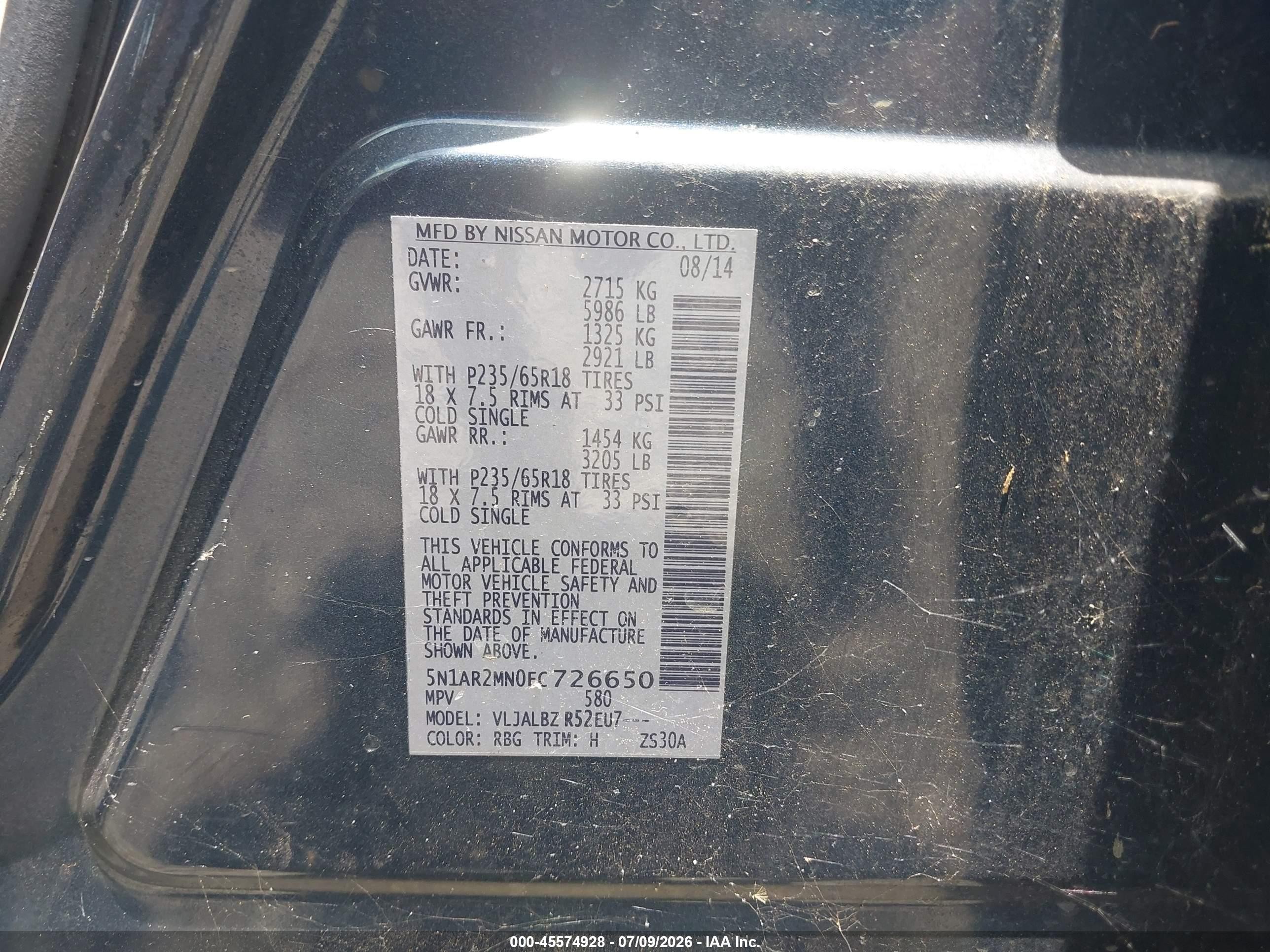 2014 Nissan Pathfinder S Blue vin: 5N1AR2MN0EC726650