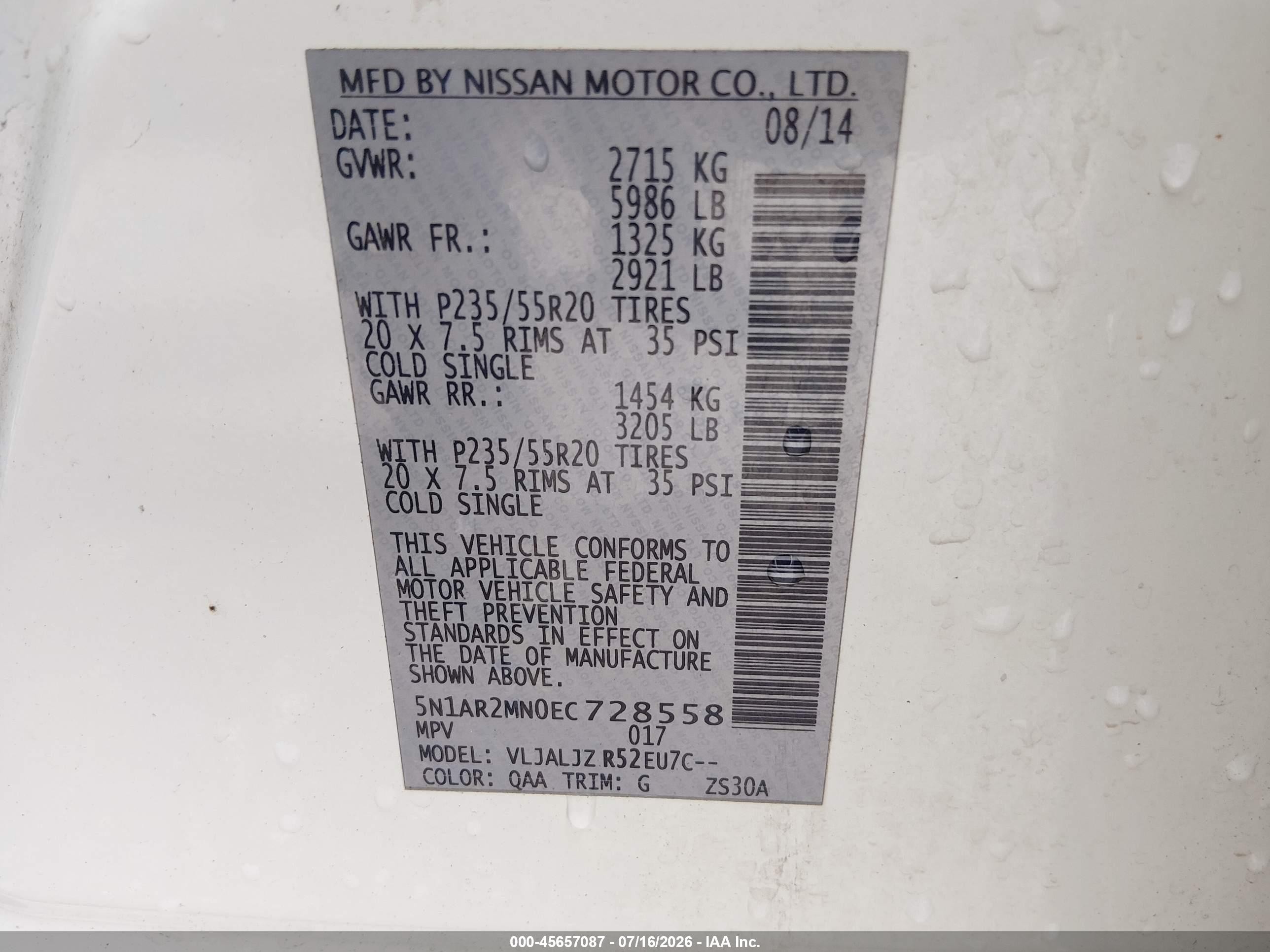 2014 Nissan Pathfinder Platinum White vin: 5N1AR2MN0EC728558