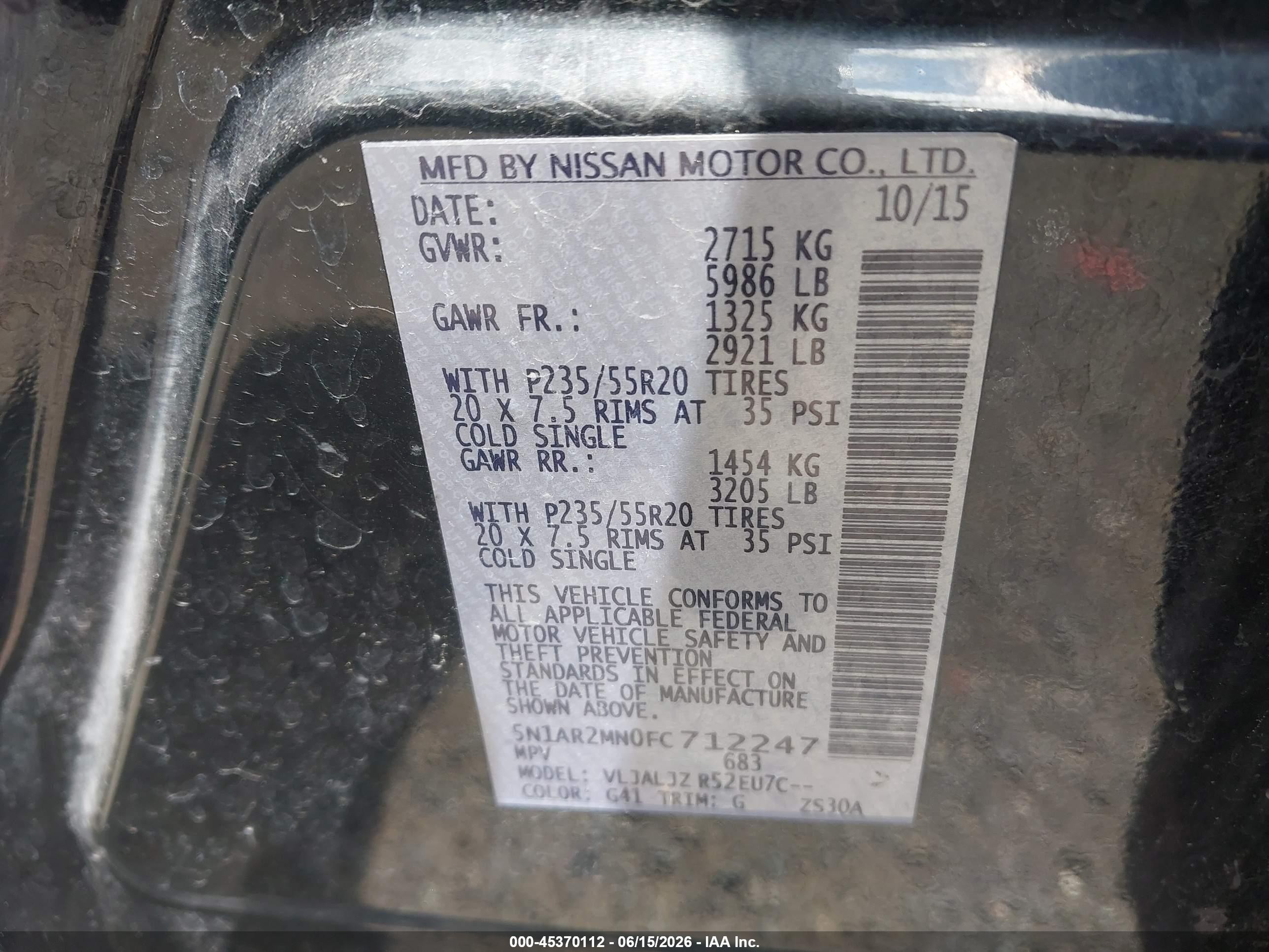 2015 Nissan Pathfinder Platinum Black vin: 5N1AR2MN0FC712247
