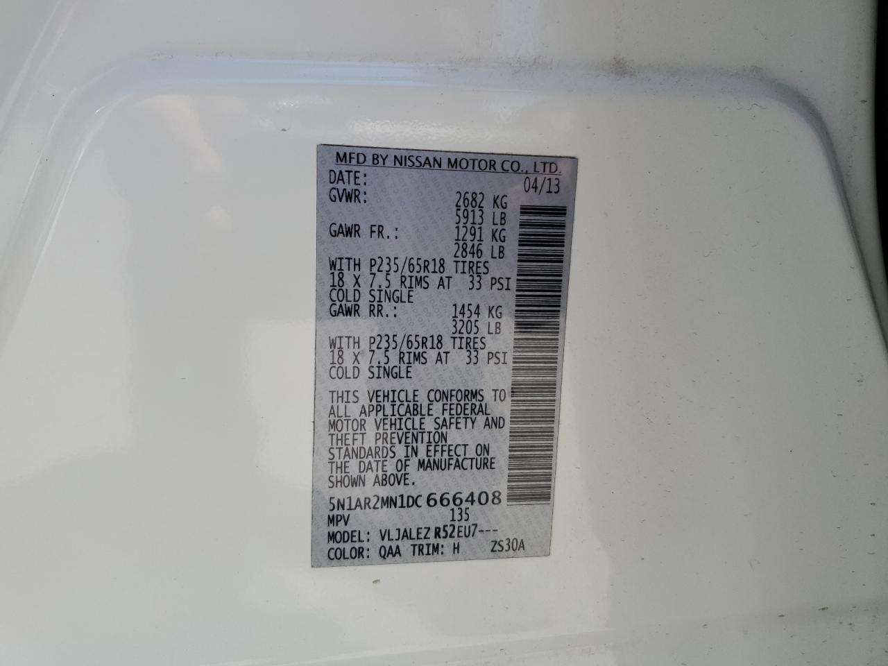 2013 Nissan Pathfinder S   White vin: 5N1AR2MN1DC666408