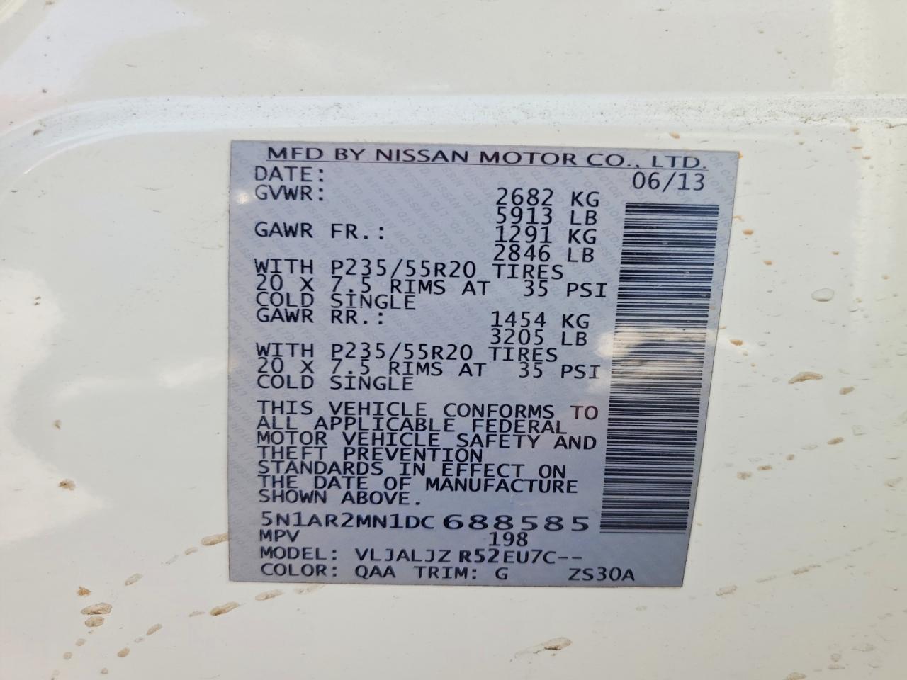 2013 Nissan Pathfinder S White vin: 5N1AR2MN1DC688585