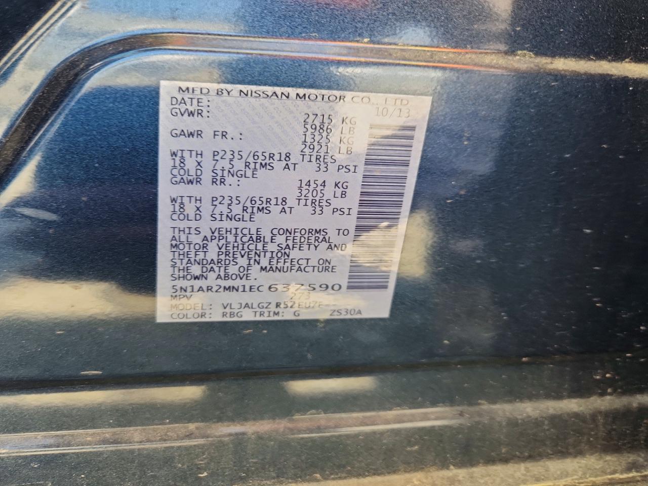 2014 Nissan Pathfinder S Blue vin: 5N1AR2MN1EC637590