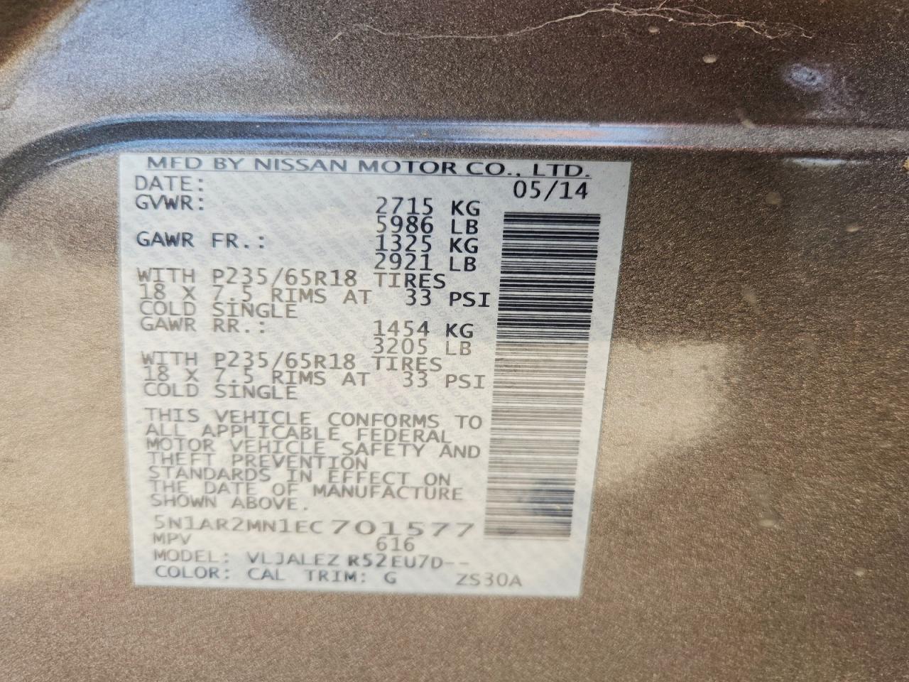 2014 Nissan Pathfinder Sv Gray vin: 5N1AR2MN1EC701577