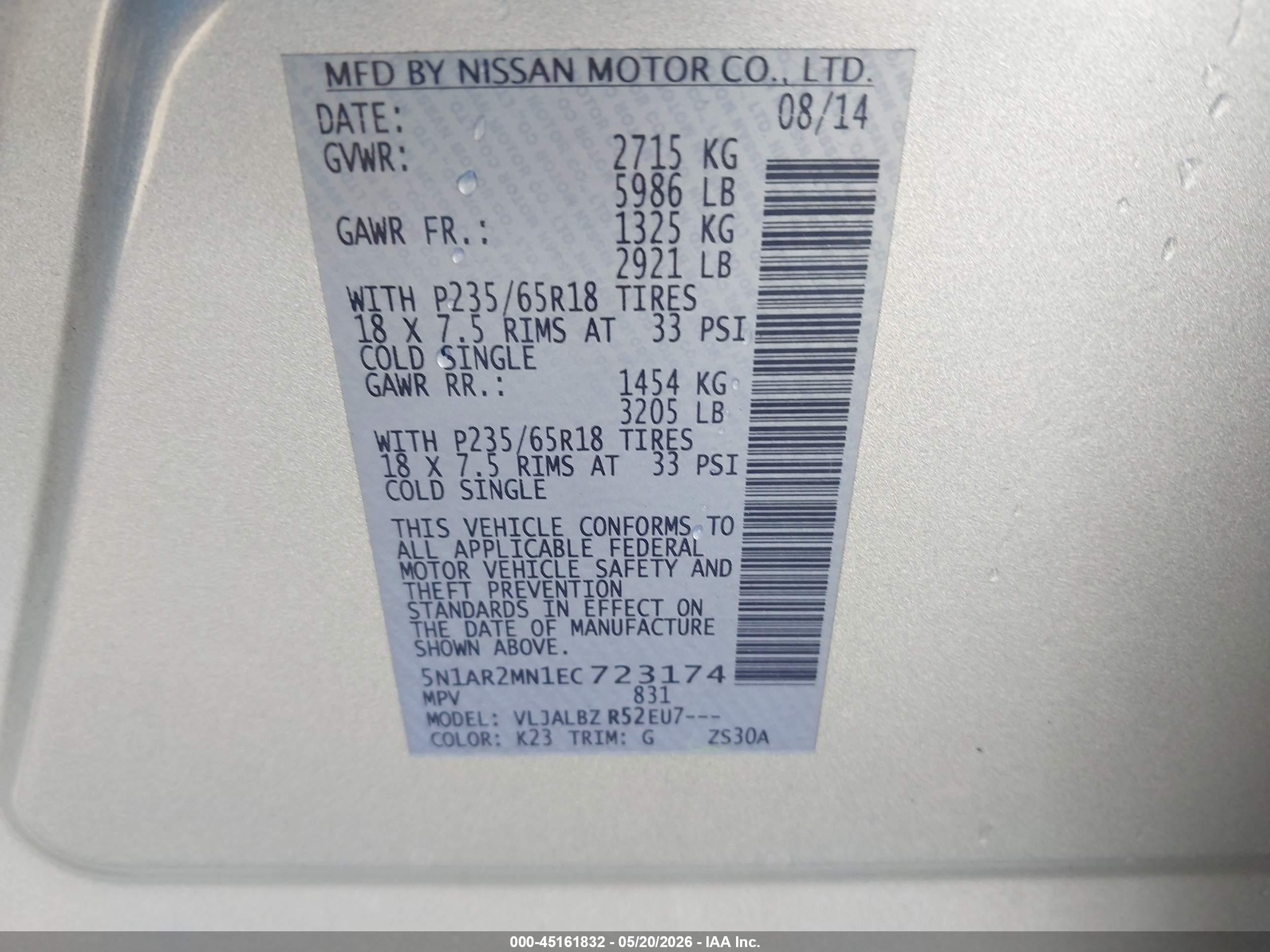 2014 Nissan Pathfinder S Silver vin: 5N1AR2MN1EC723174