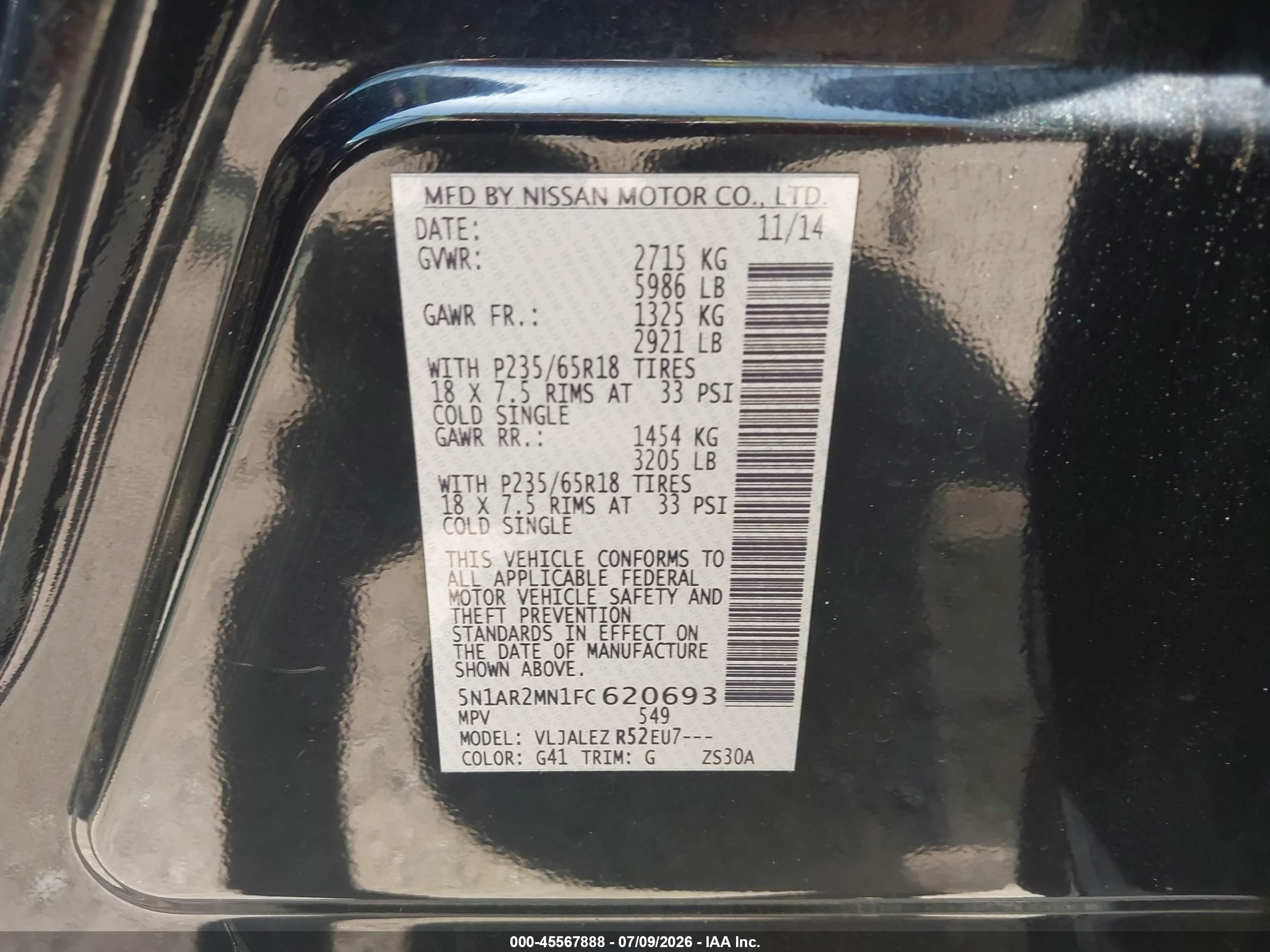2015 Nissan Pathfinder Platinum/s/sl/sv Black vin: 5N1AR2MN1FC620693