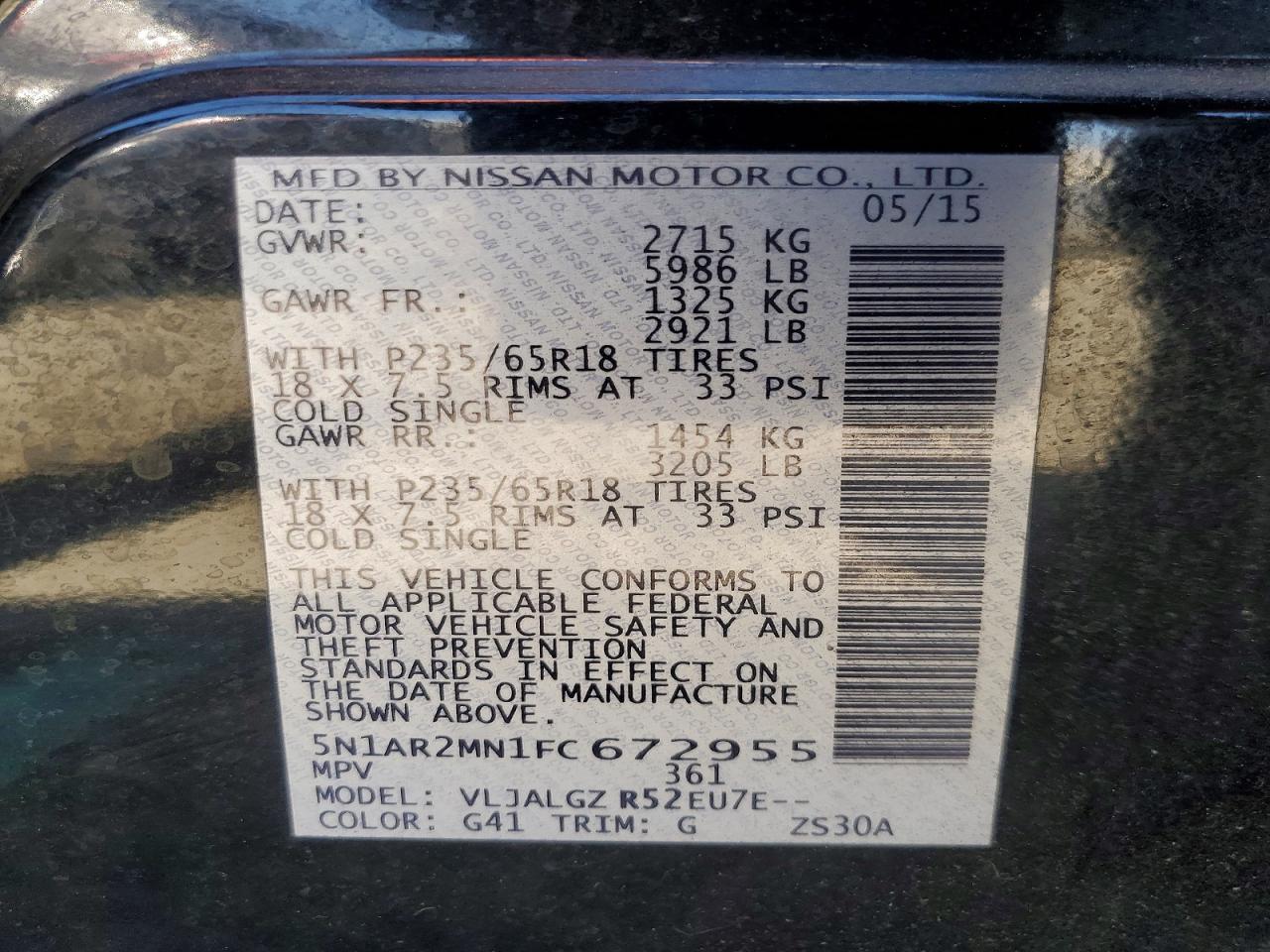 2015 Nissan Pathfinder Sl Black vin: 5N1AR2MN1FC672955