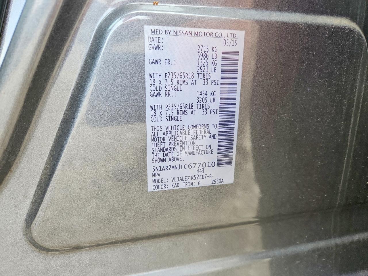 2015 Nissan Pathfinder Sv Gray vin: 5N1AR2MN1FC677010