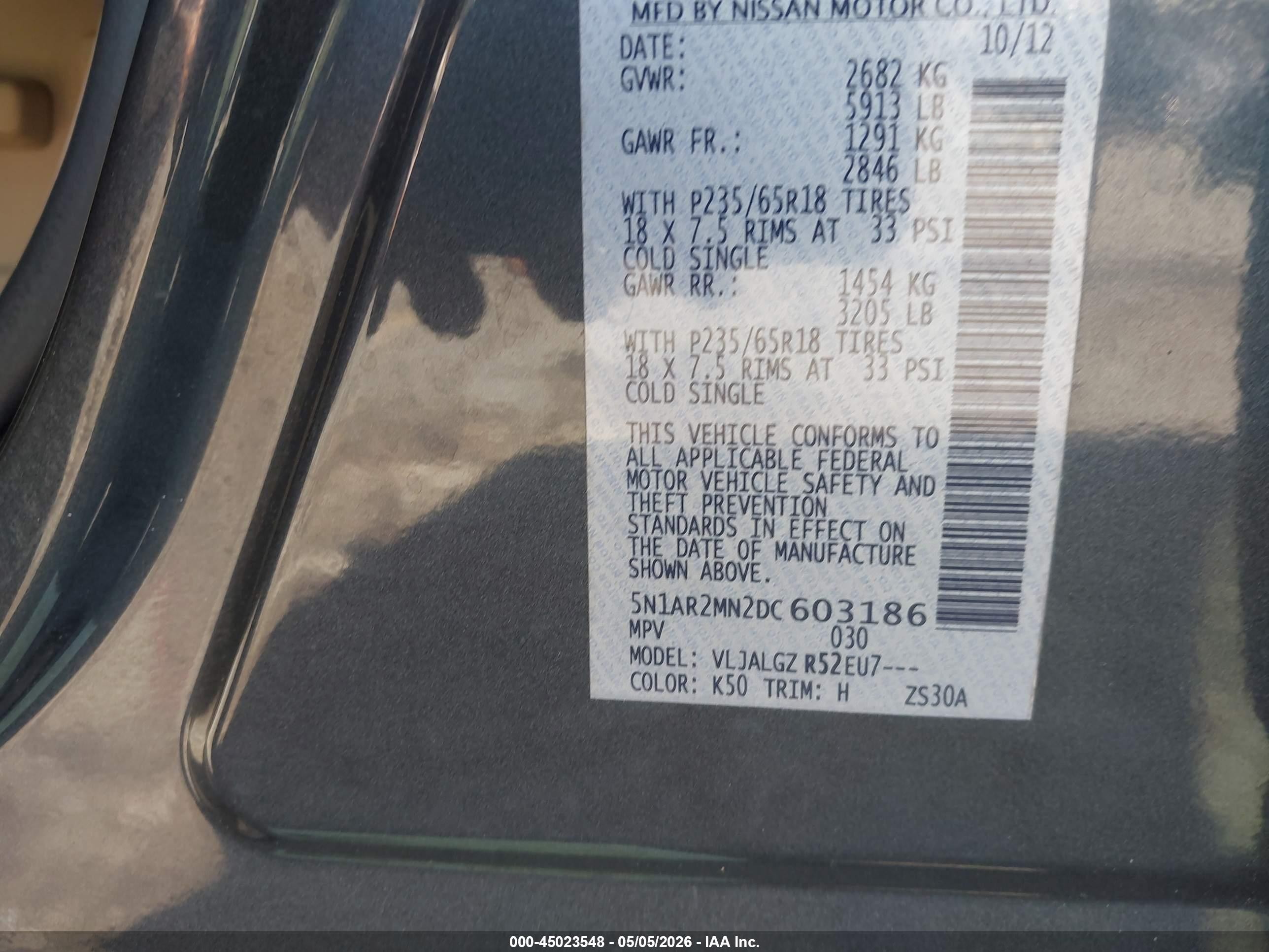 2013 Nissan Pathfinder Sl Gray vin: 5N1AR2MN2DC603186