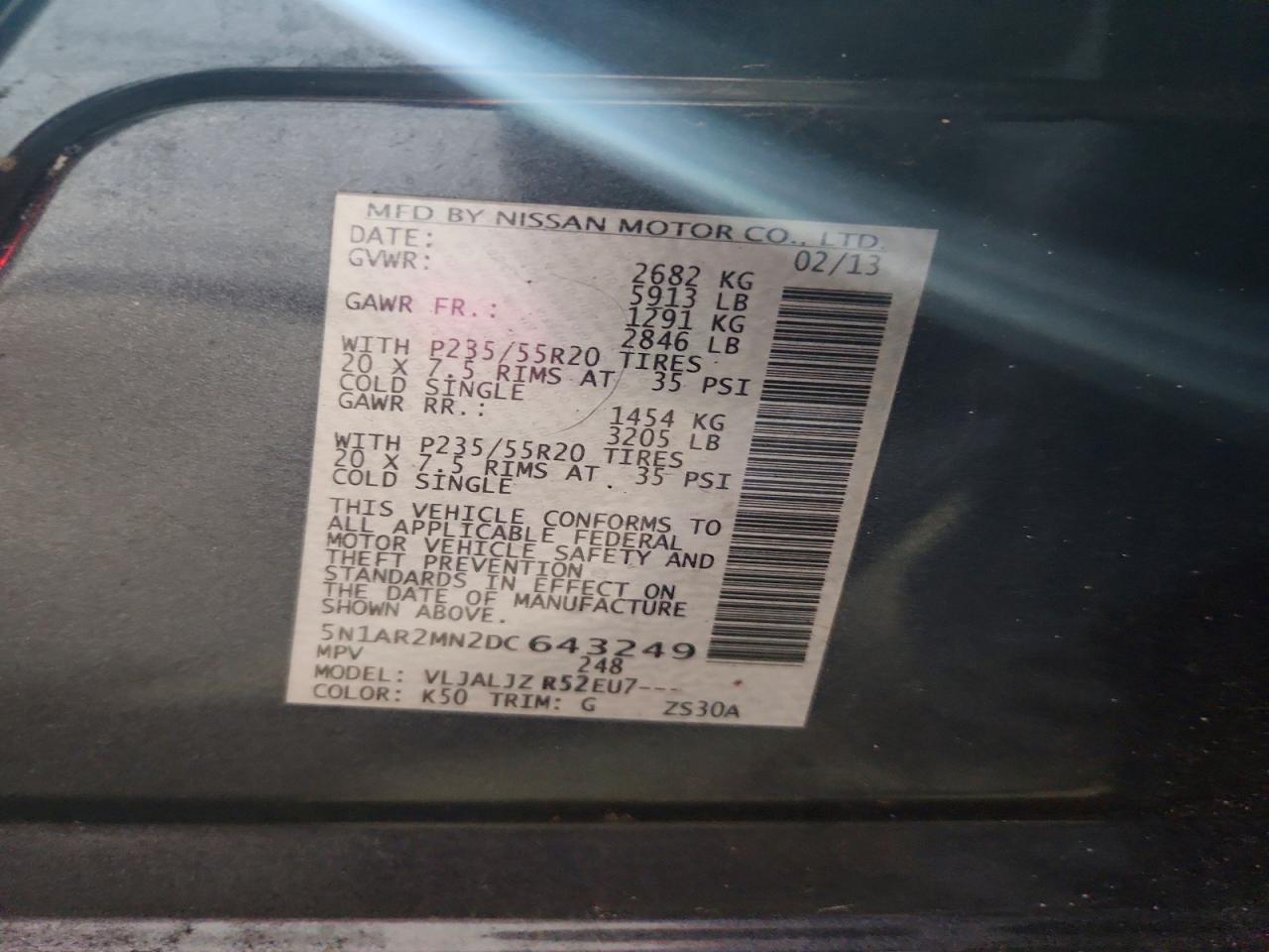 2013 Nissan Pathfinder S/sv/sl/platinum Gray vin: 5N1AR2MN2DC643249