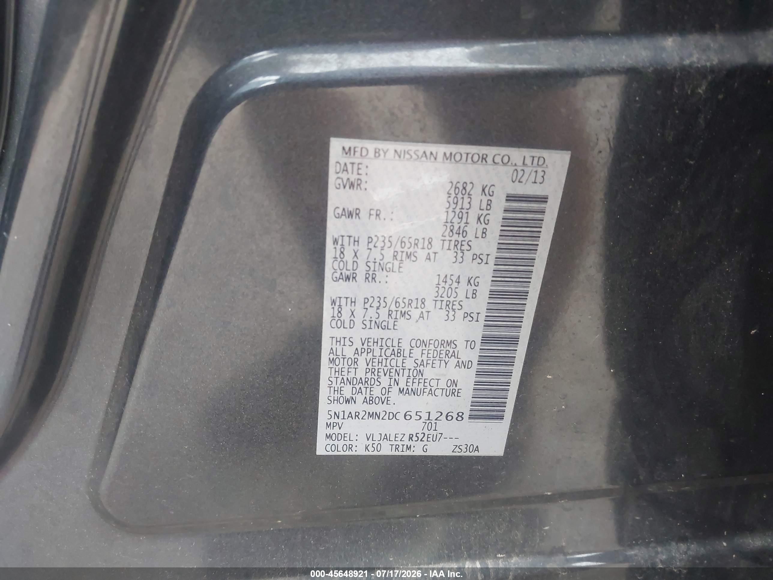 2013 Nissan Pathfinder Sv Gray vin: 5N1AR2MN2DC651268
