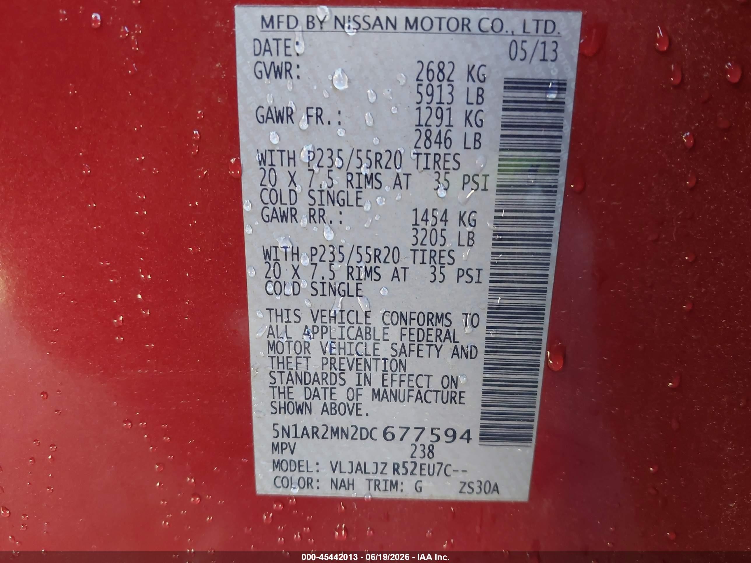 2013 Nissan Pathfinder Platinum Red vin: 5N1AR2MN2DC677594