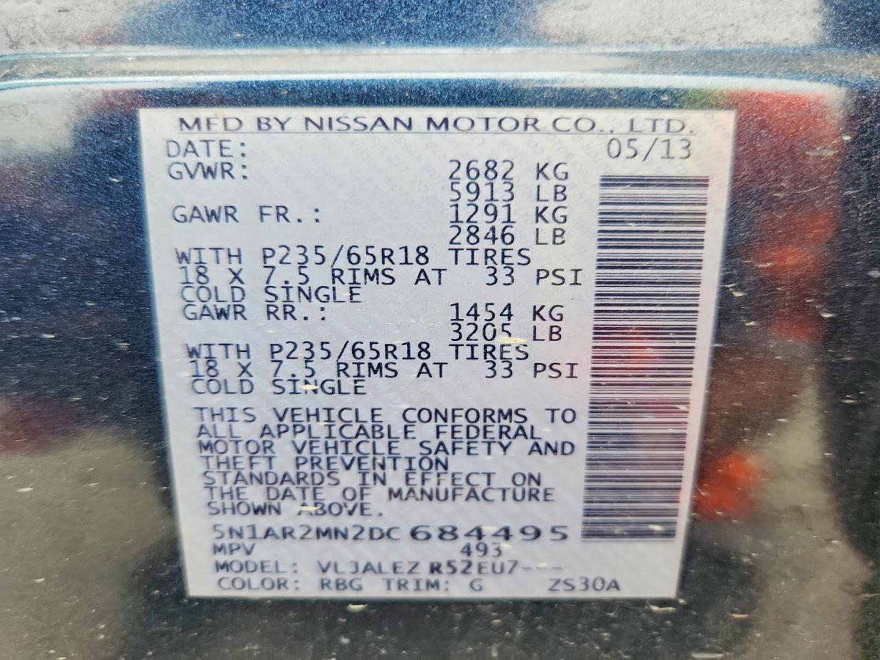 2013 Nissan Pathfinder S Blue vin: 5N1AR2MN2DC684495